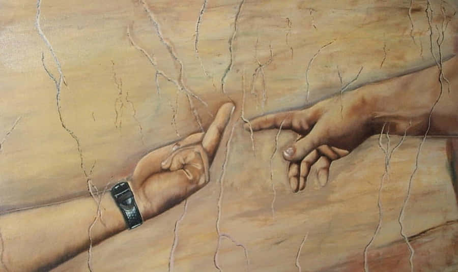 Painting 桌布 壁紙 — 兩隻手伸過裂開的土地，一隻戴著手錶，手指幾乎觸碰，在一個聯繫的時刻。
