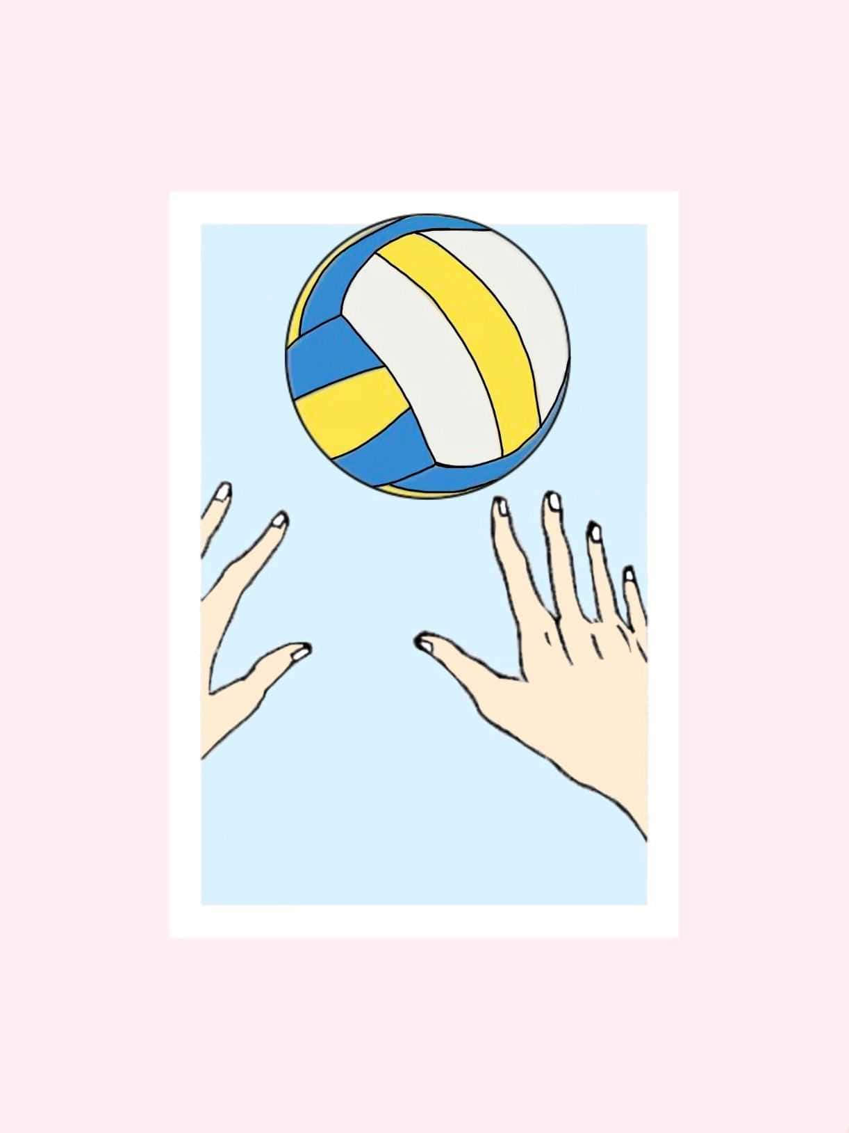Volleyball Ball 桌布 壁紙 — 兩隻手向上伸出，在淺藍色天空背景下接住一個藍、黃、白色的排球。