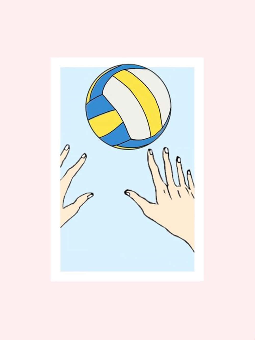 Volleyball 桌布 壁紙 — 兩隻手向上伸出，在淺藍色天空背景下接住一個藍、黃、白色的排球。
