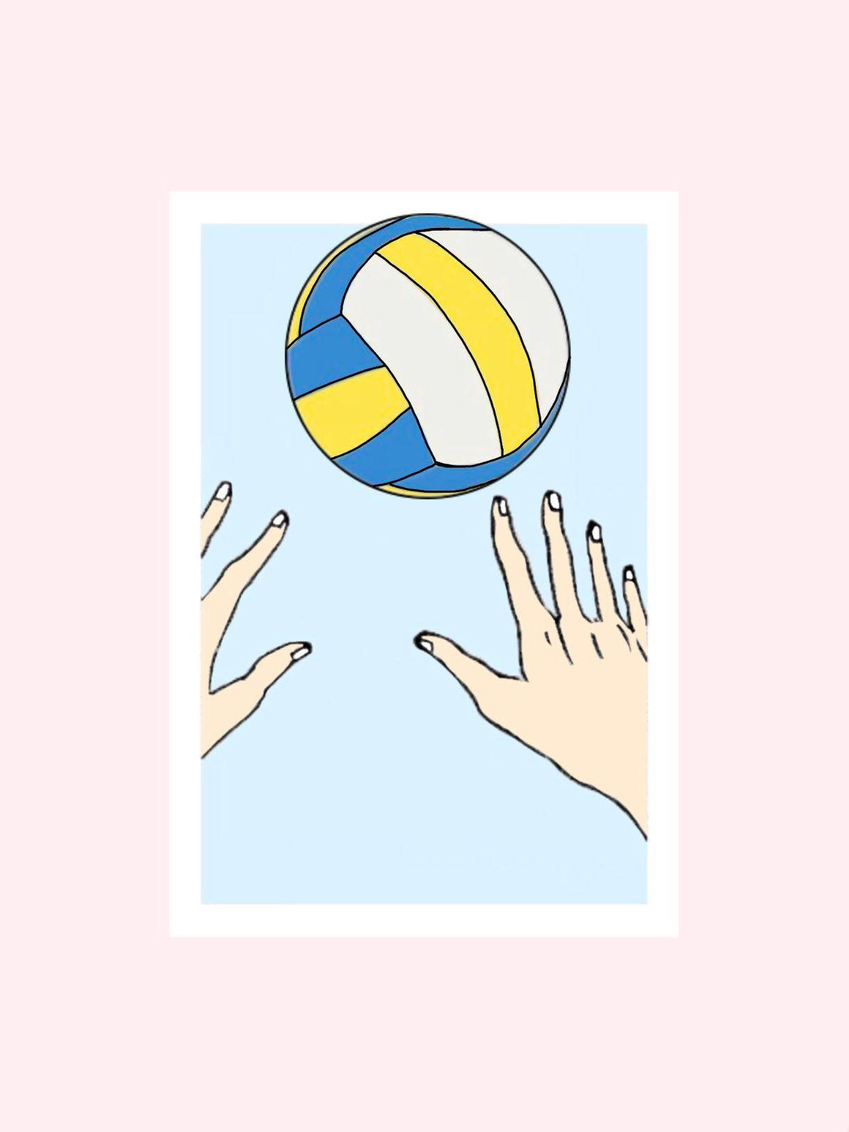 Volleyball 桌布 壁紙 — 兩隻手向上伸出，接住一個藍、黃、白色的排球，背景是淺藍色。