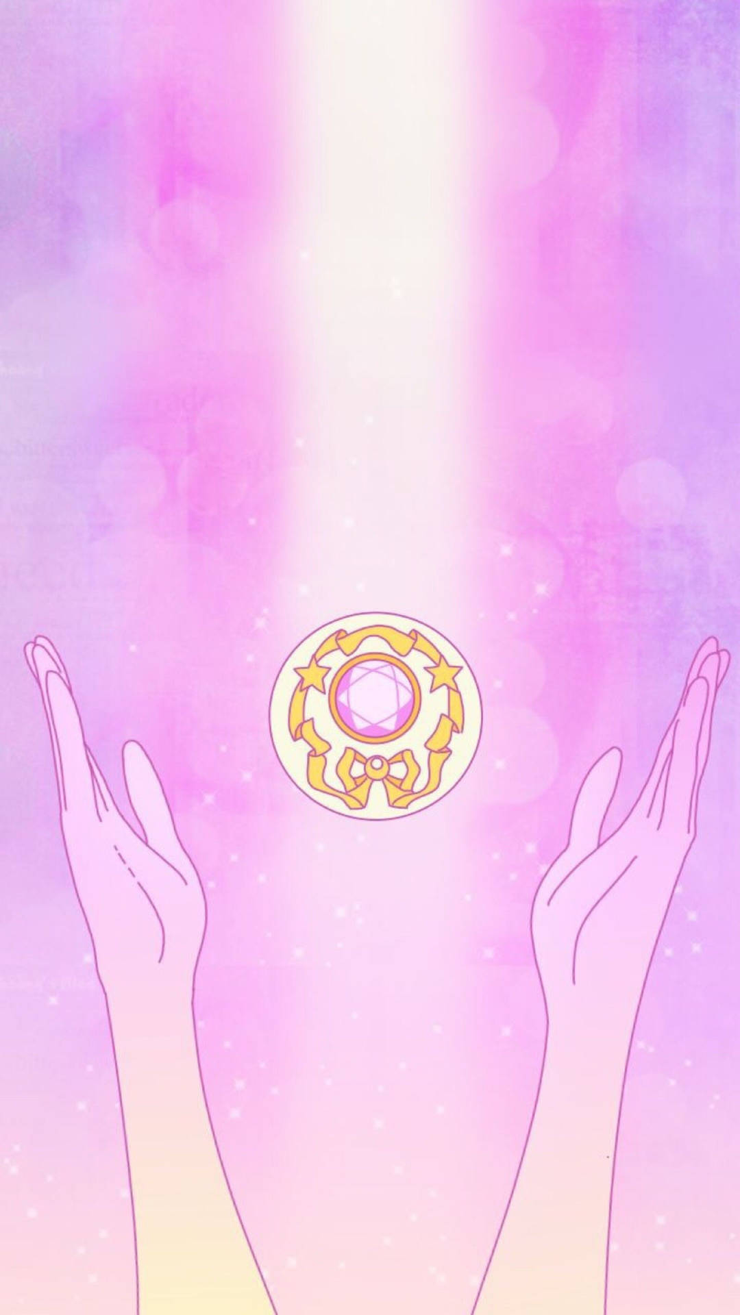 兩隻手在粉紅和紫色天空中伸向一個發光魔法球。 — 美少女戰士 GIF 壁紙