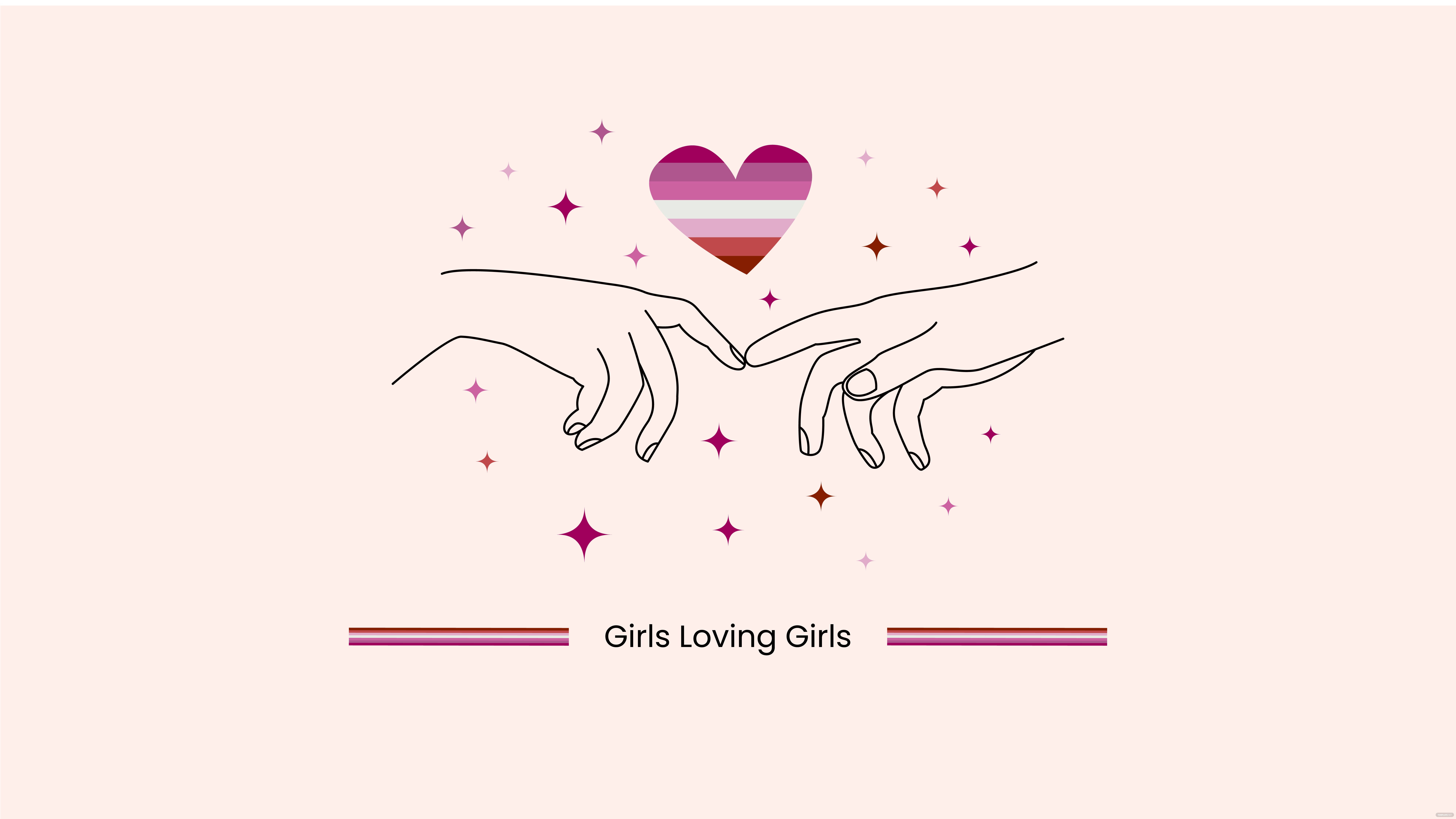 女同志 桌布 壁紙 — 兩隻手向對方伸出，指尖幾乎觸碰，上方有一個彩虹愛心和閃爍的星星。