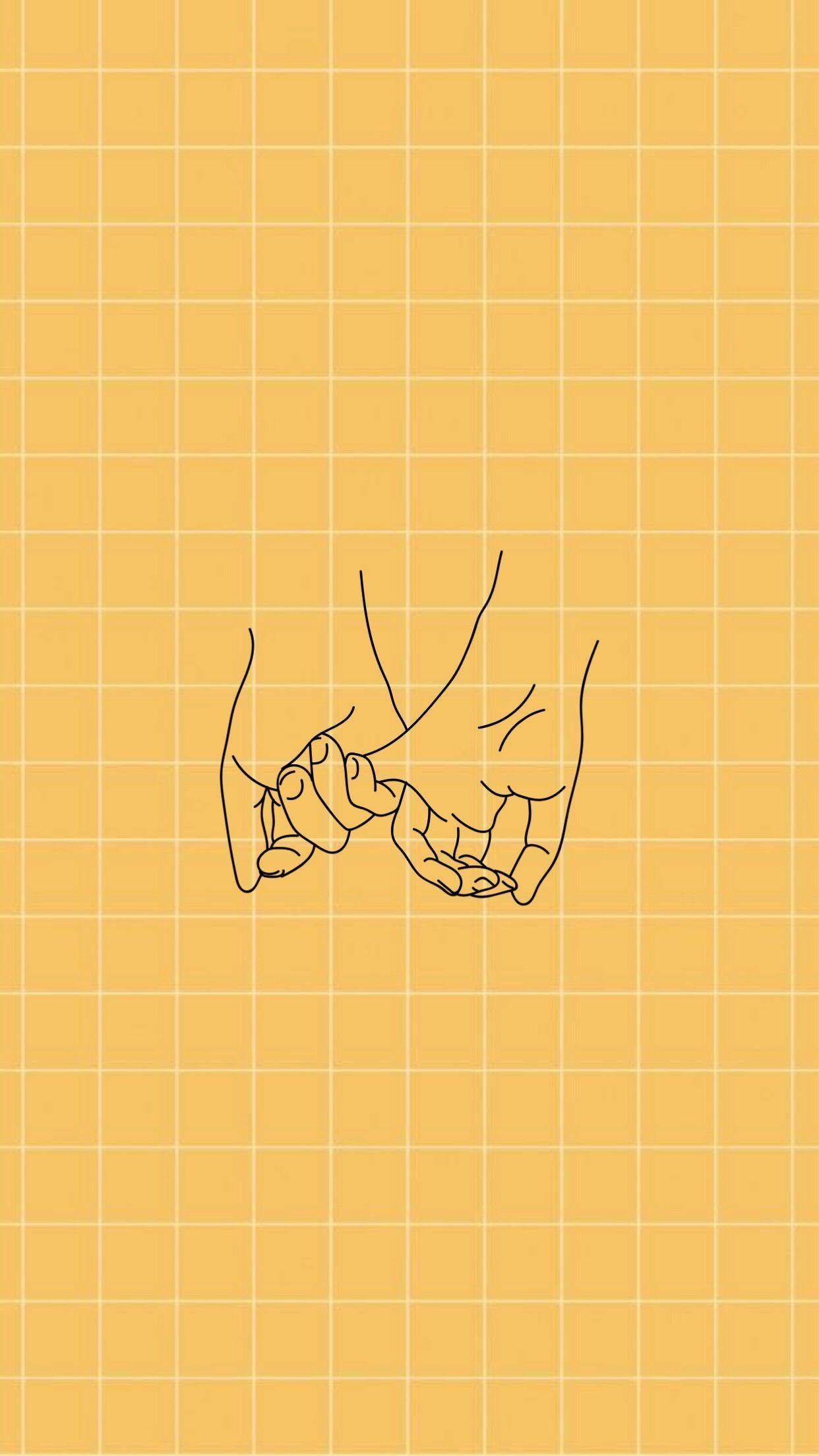 Aesthetic Love 桌布 壁紙 — 兩隻手在溫暖的黃色網格背景上以極簡線條繪畫溫柔地交握。