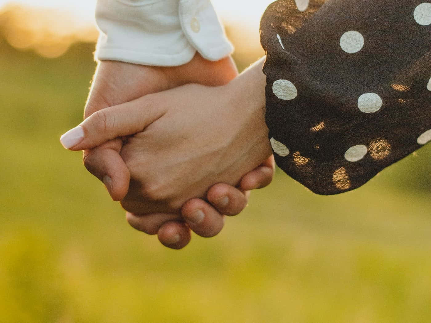 Holding Hands 桌布 壁紙 — 兩隻手在溫暖金色陽光照耀下的溫柔戶外擁抱中緊緊相握。