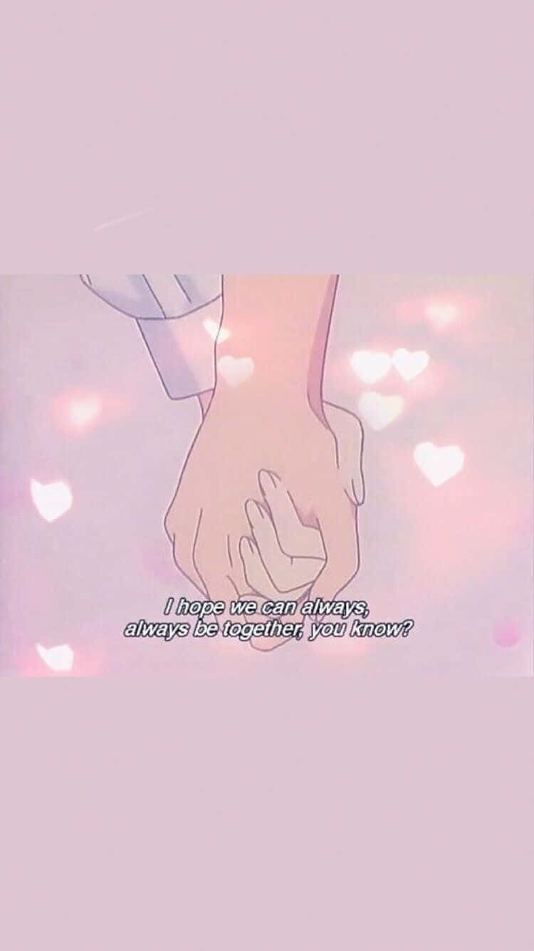 Pastel Pink Aesthetic Anime 桌布 壁紙 — 兩隻手在溫柔的動漫風格插圖中緊握在一起，周圍是發光的心形，背景是柔和的粉紅色。
