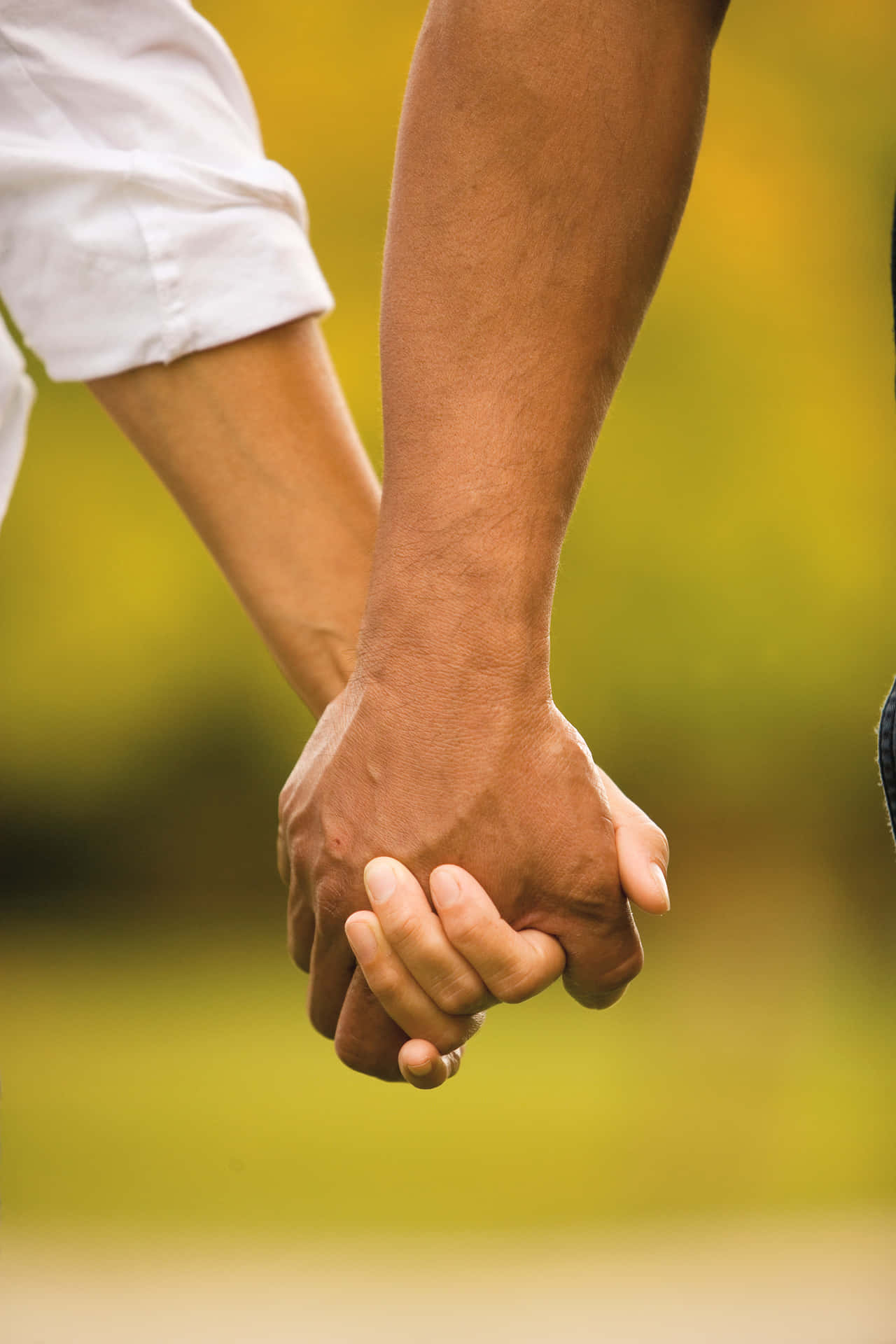 Holding Hands 桌布 壁紙 — 兩隻手在溫柔的時刻緊緊相握，背景是柔和的模糊綠色和黃色。