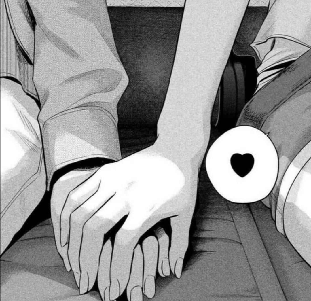 couple love 桌布 壁紙 — 兩隻手在溫柔的黑白漫畫面板中緊握在一起，附近有一個心形符號。
