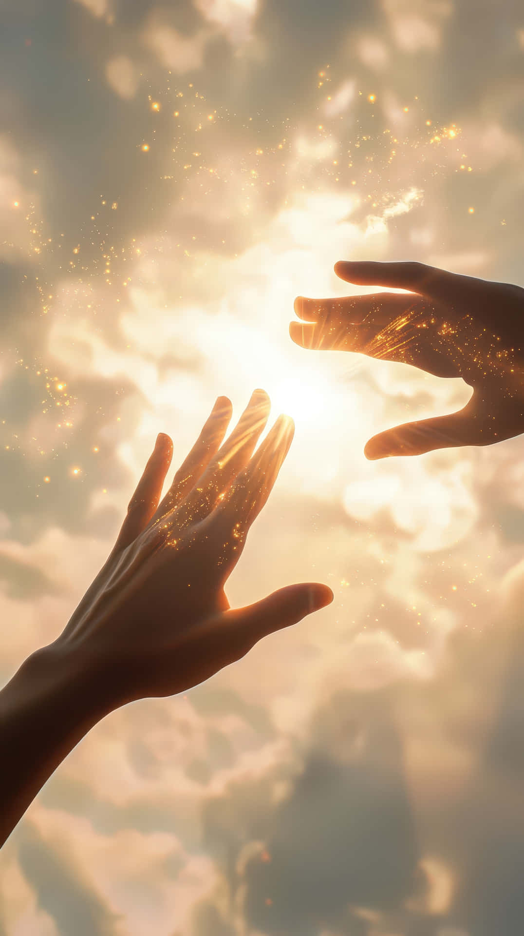 Outstretched hands reaching toward glowing sunlight with golden sparkles 壁紙 — 兩隻手在發光的天空下互相伸向對方，金色粒子在它們之間旋轉。