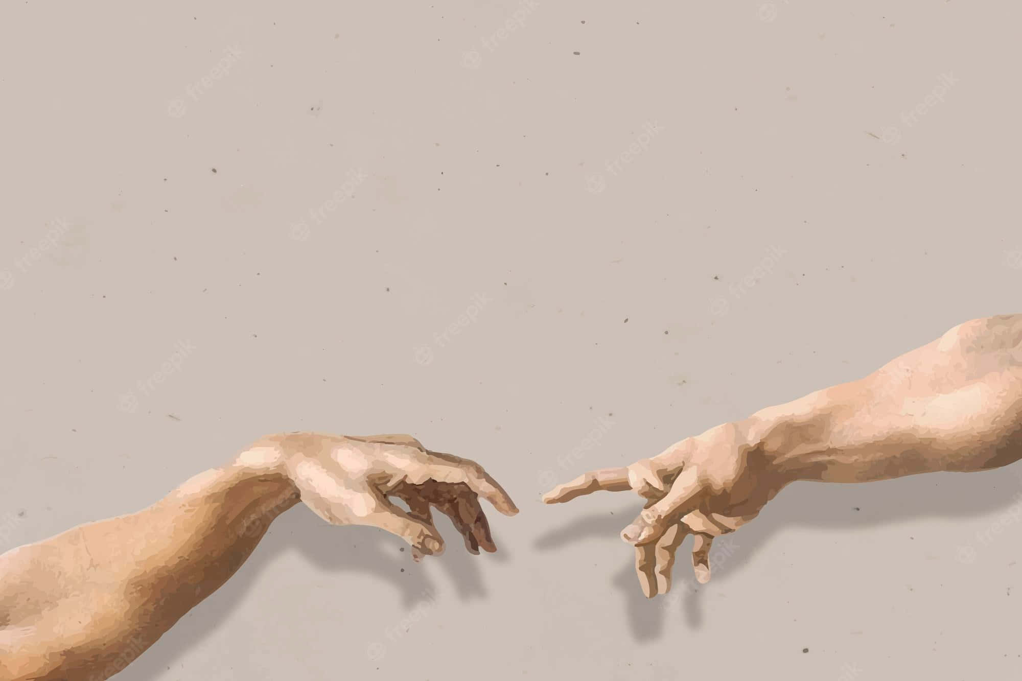 藝術 桌布 壁紙 — 兩隻手在純色背景上互相伸向對方，呈現經典文藝復興風格的數位繪畫。