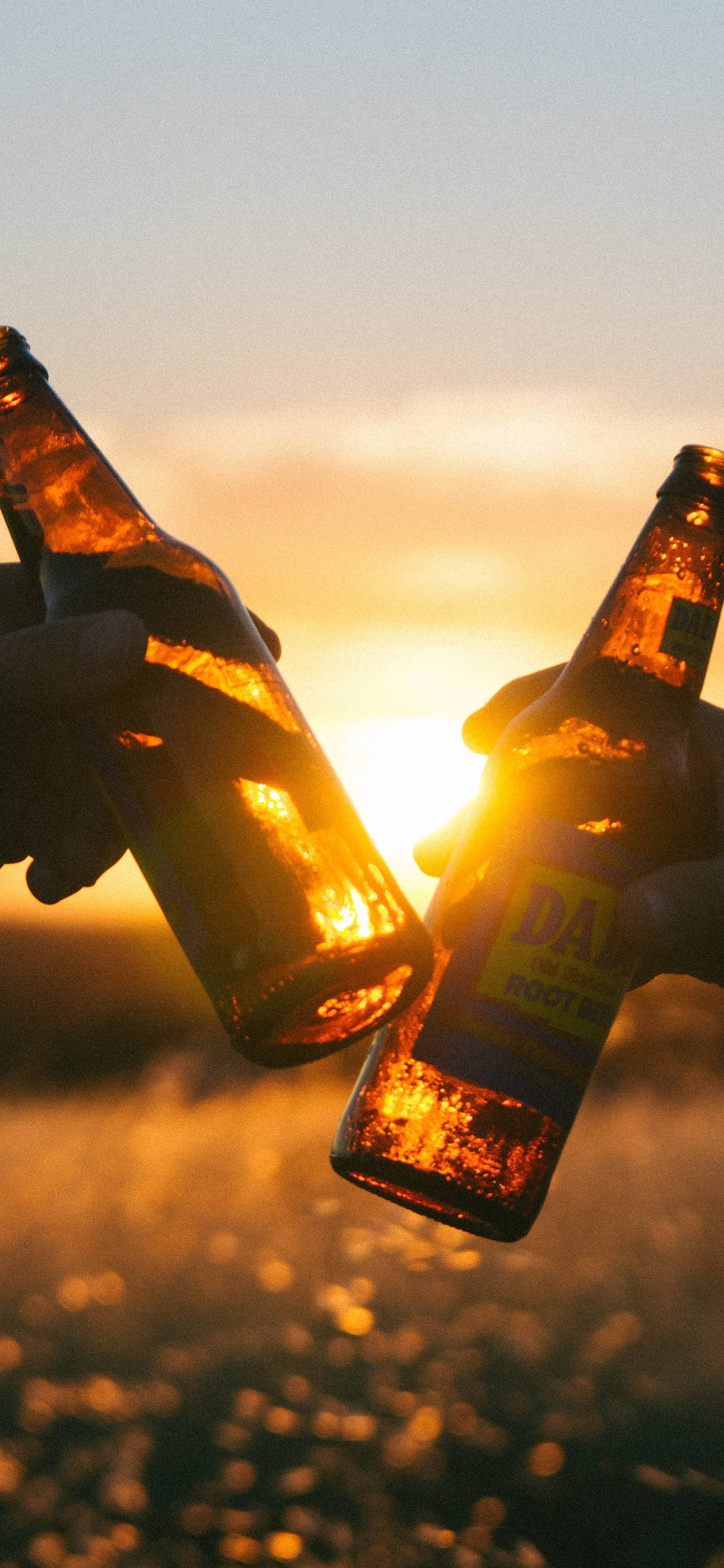 Drink 桌布 壁紙 — 兩隻手在金色夕陽天空下碰撞啤酒瓶，下方有溫暖的散景燈光。