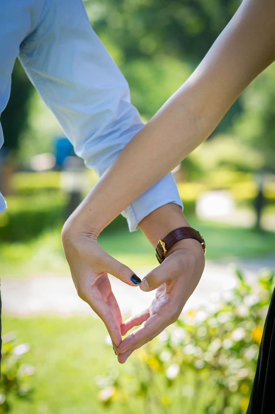 hands 桌布 壁紙 — 兩隻手在陽光普照的綠色公園背景下形成心形，其中一隻手戴著棕色皮革手錶。
