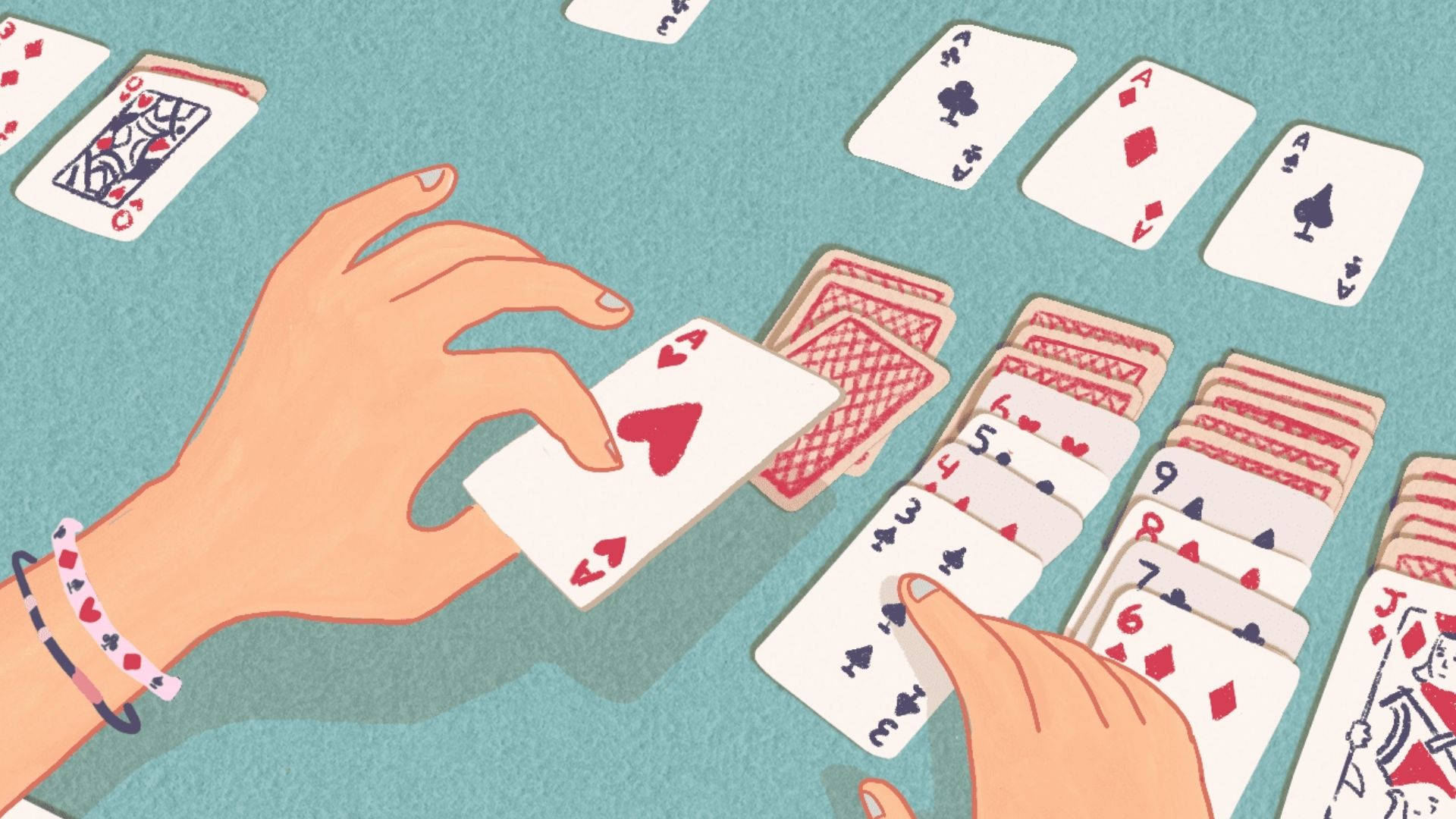 Solitaire 桌布 壁紙 — 兩隻手在青綠色桌子上用紅色和黑色紙牌玩撲克牌的風格化插圖。