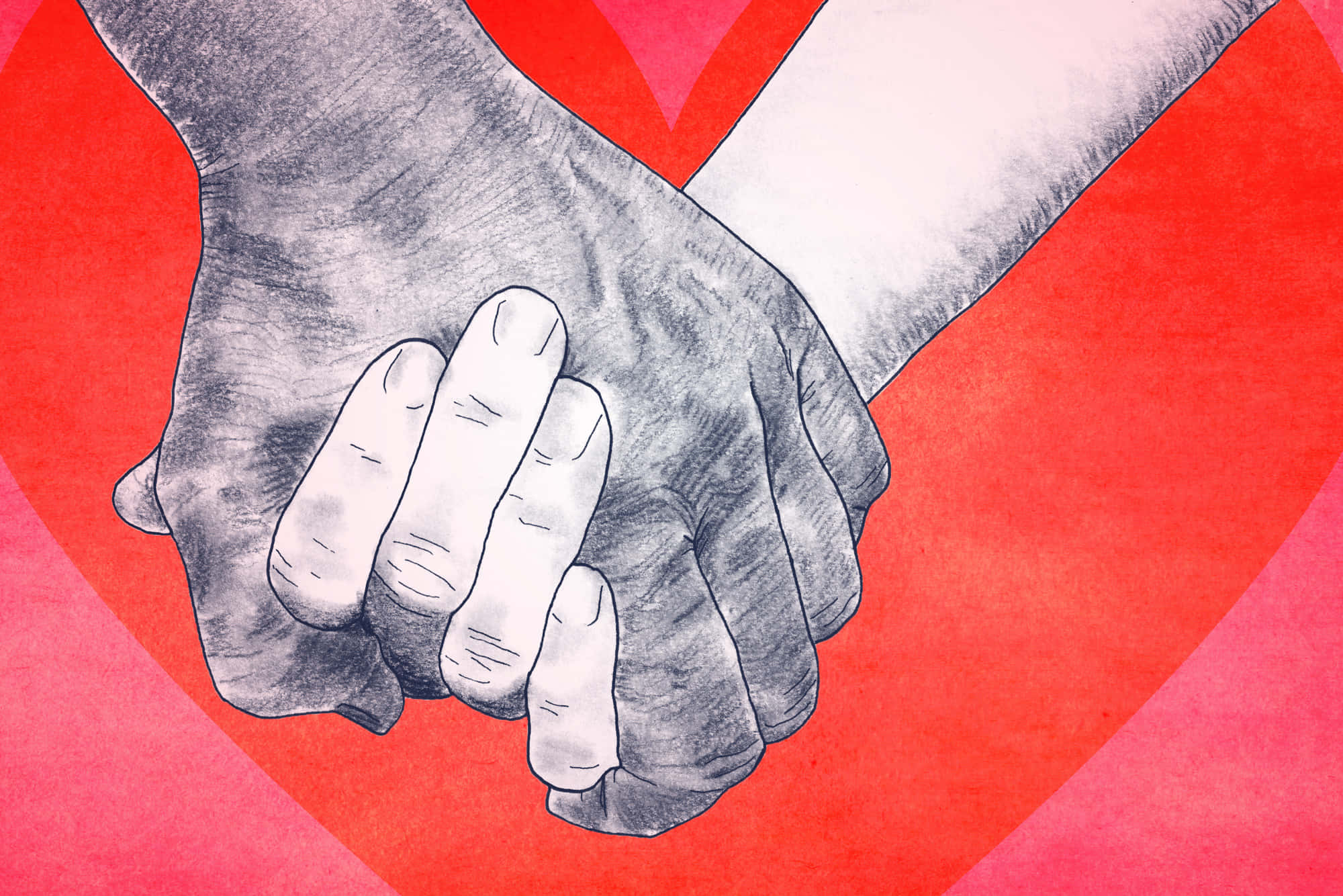 Holding Hands 桌布 壁紙 — 兩隻手在鮮紅的心形背景前溫柔地緊握在一起。