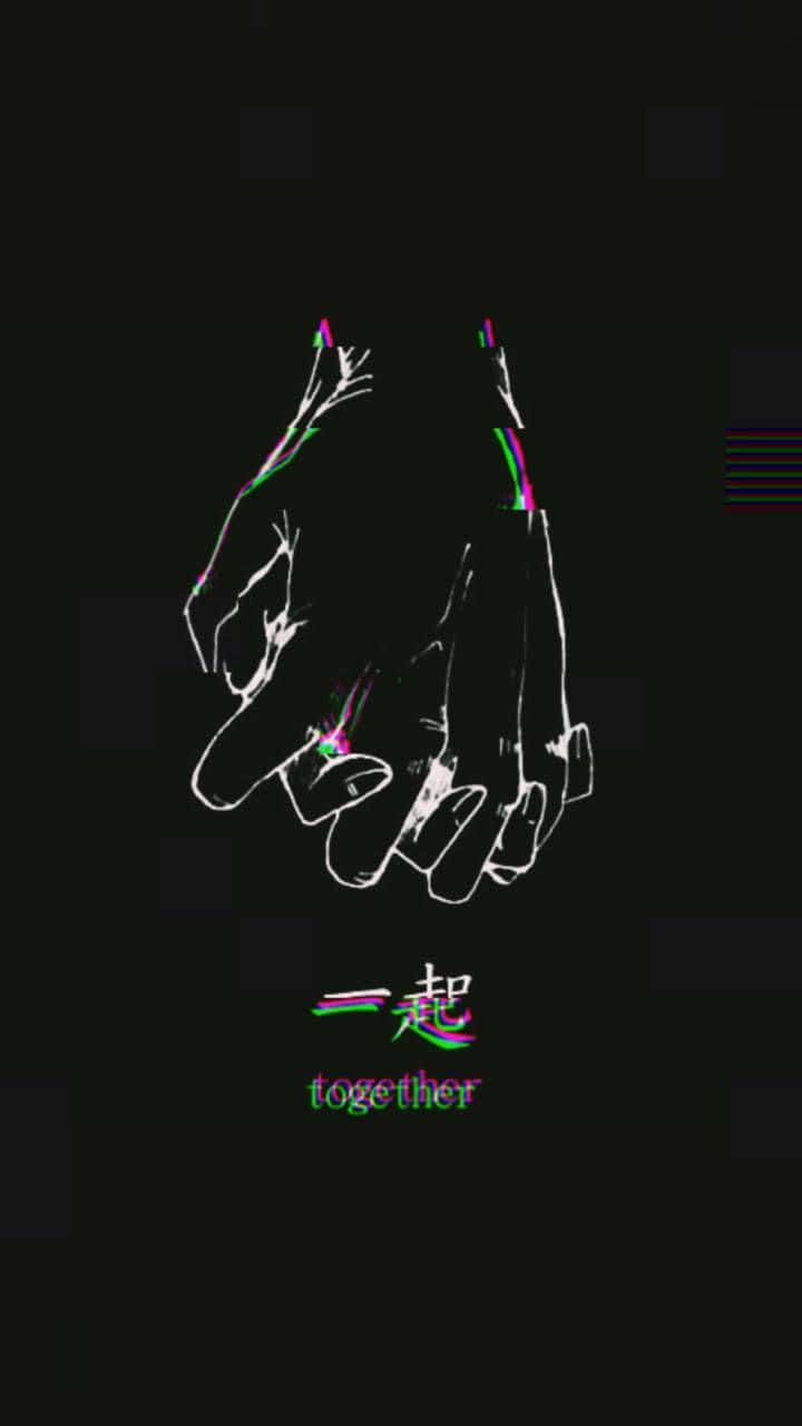桌布 壁紙 — 兩隻手在黑暗背景中以發光霓虹輪廓緊握，下方有「together」字樣。