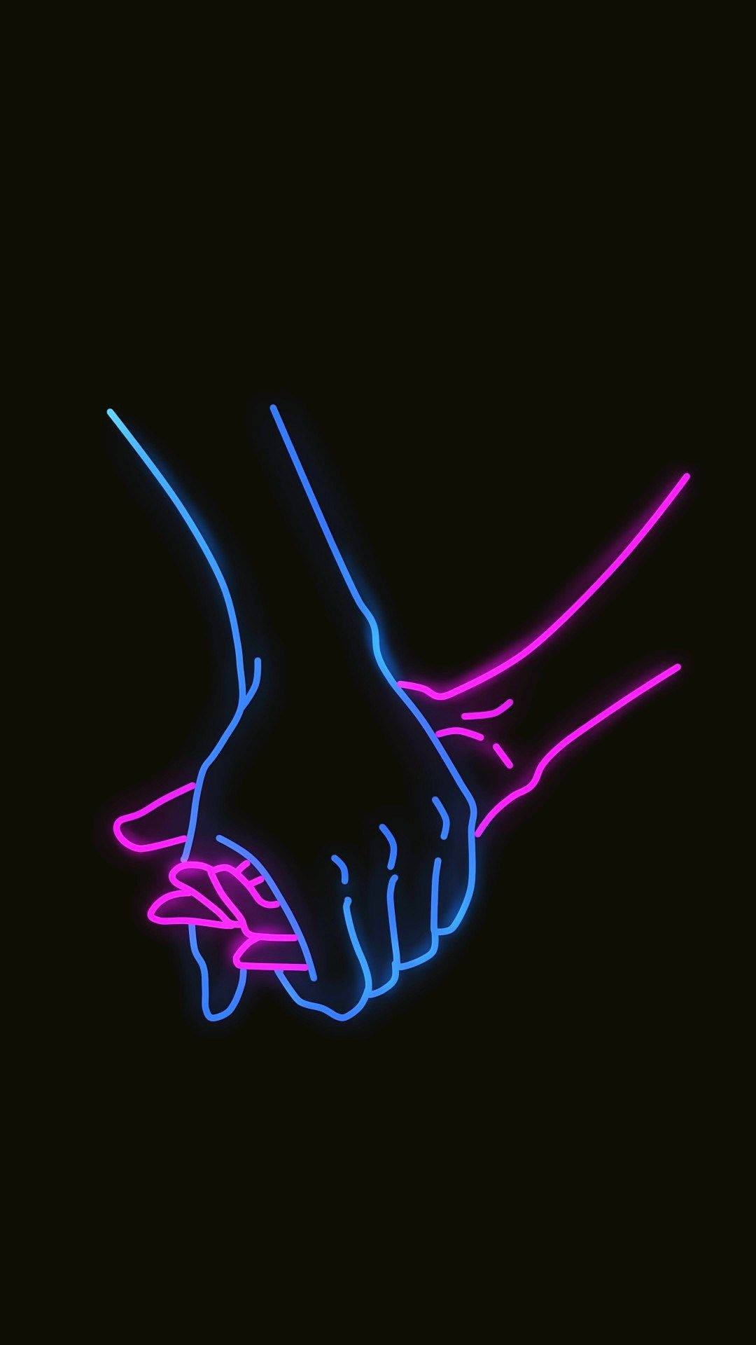 hand 桌布 壁紙 — 兩隻手在黑色背景上以霓虹藍和粉紅色緊握在一起。