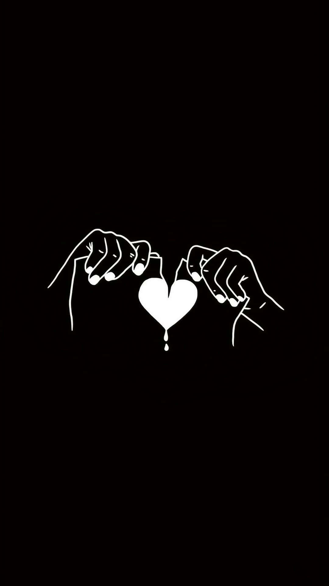 Aesthetic Black Heart 桌布 壁紙 — 兩隻手將一顆心撕成兩半，背景為黑色，有一滴眼淚落下。