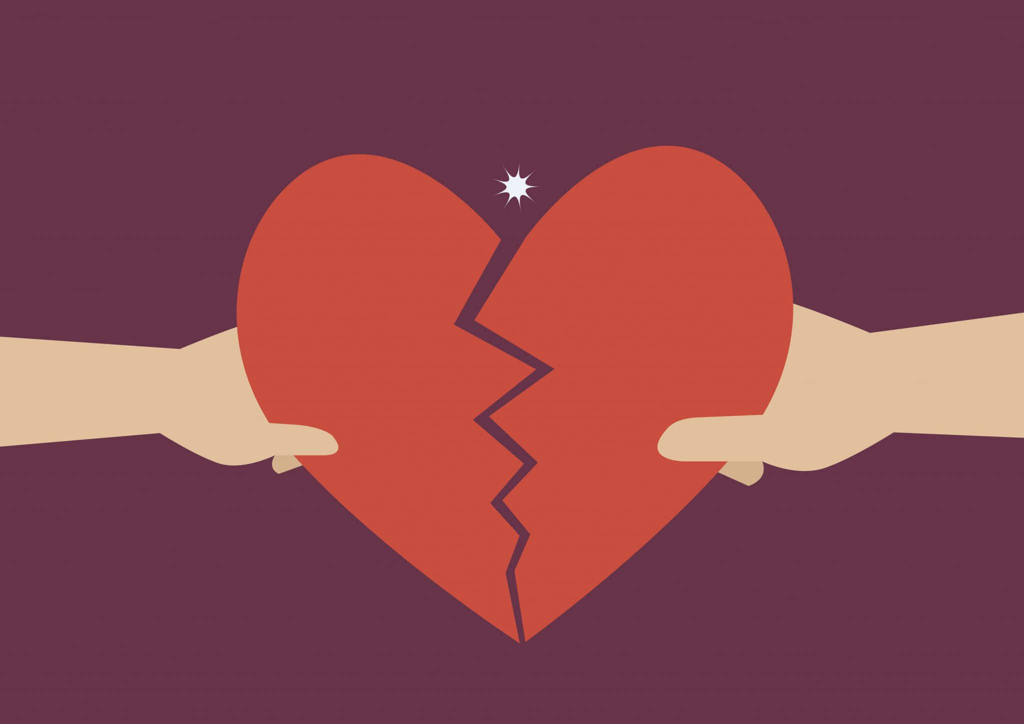 Heartbreaks 桌布 壁紙 — 兩隻手將一顆紅色破碎的心拉開，背景是深紫色，裂縫處有白色火花。