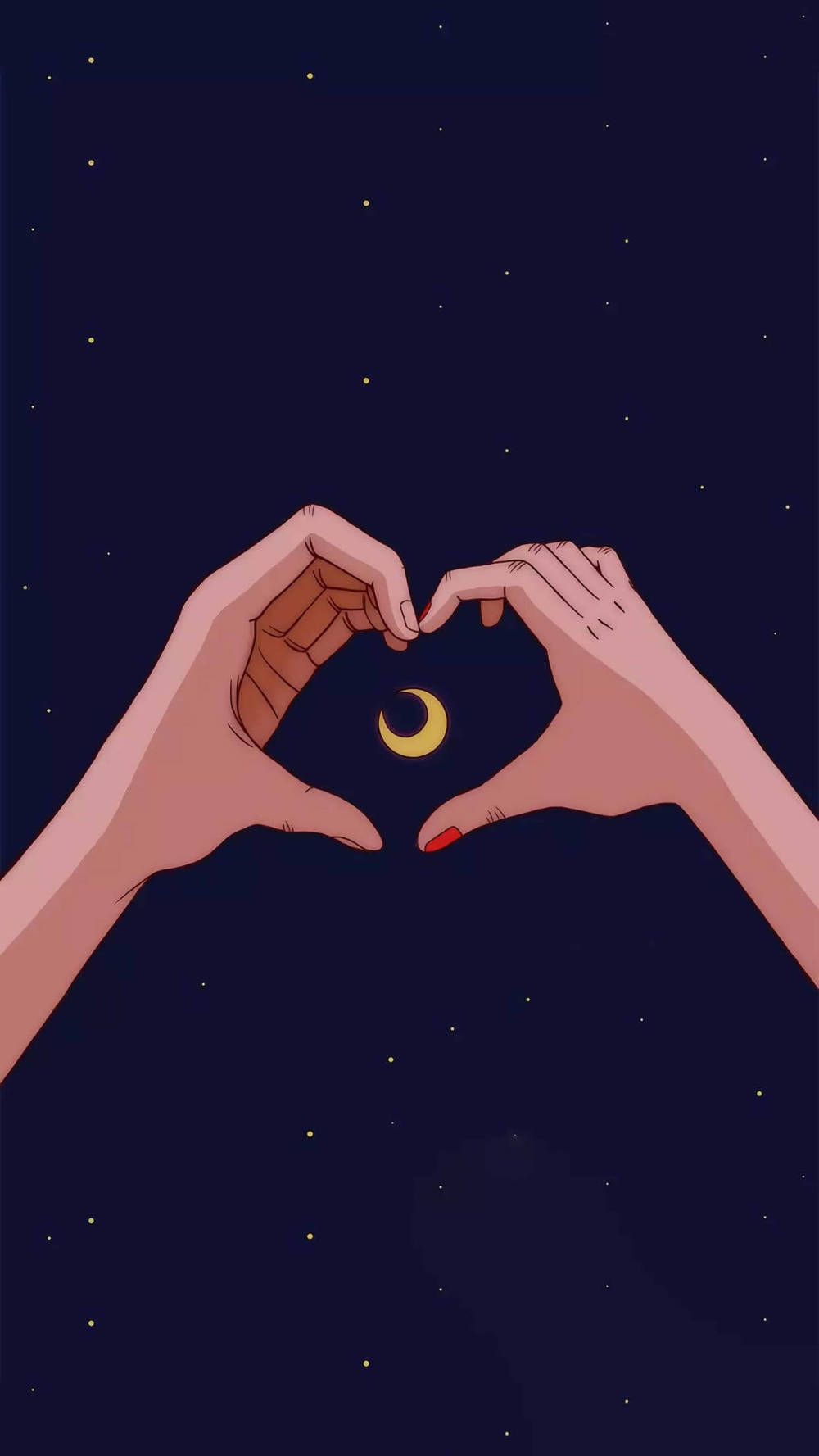 Relationship 桌布 壁紙 — 兩隻手形成一個心形，框住一彎新月，背景是滿天星斗的夜空。
