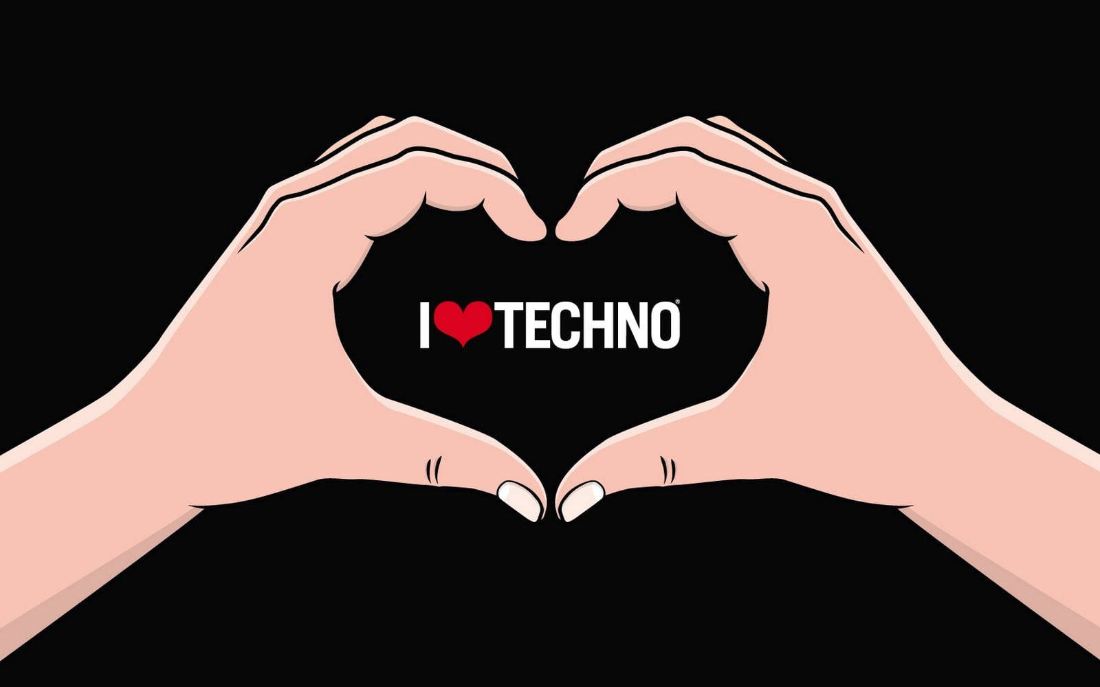 愛心 桌布 壁紙 — 兩隻手形成一個心形，框住文字「I ❤️ TECHNO」，背景為黑色。