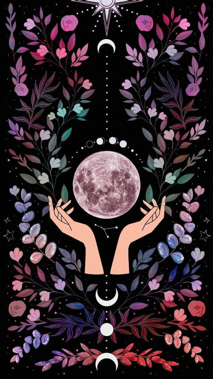 witchcraft 桌布 壁紙 — 兩隻手托著一個滿月，周圍環繞著宇宙花朵和彎月，背景是星空夜空。