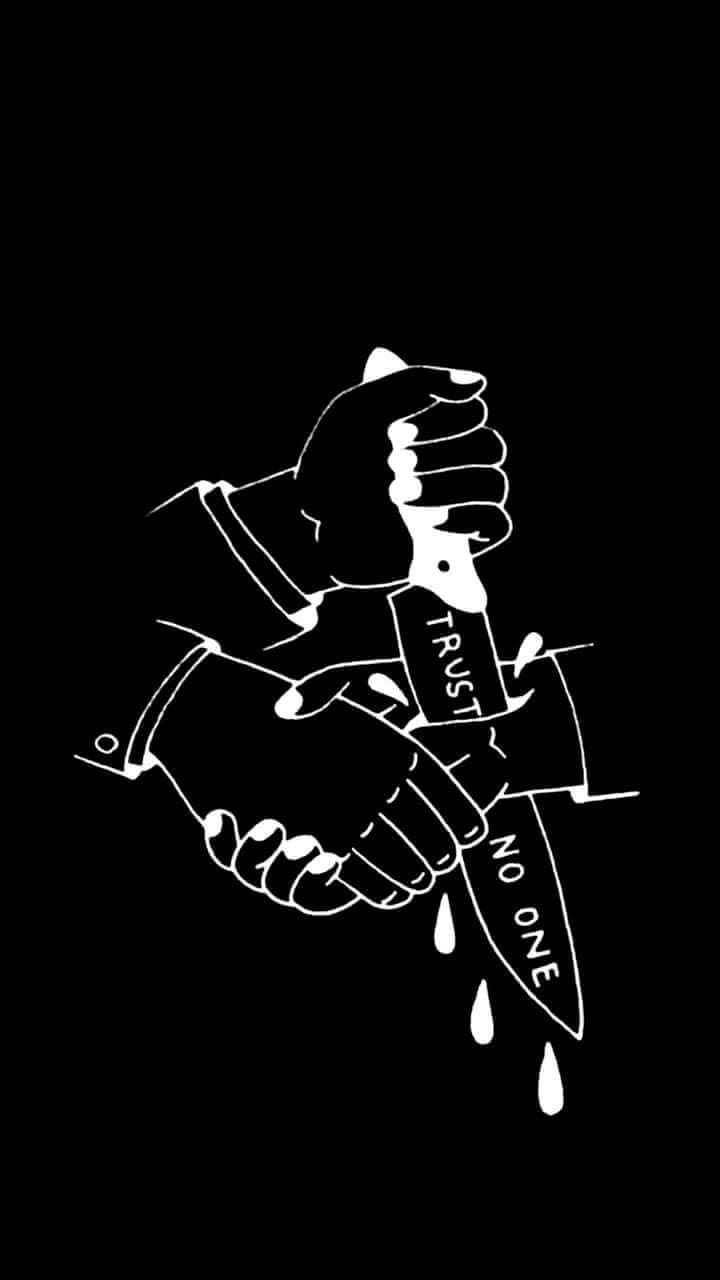 兩隻手拿著一把寫有「TRUST」和「NO ONE」的刀，血在滴落。 — Emo 美學 GIF 壁紙