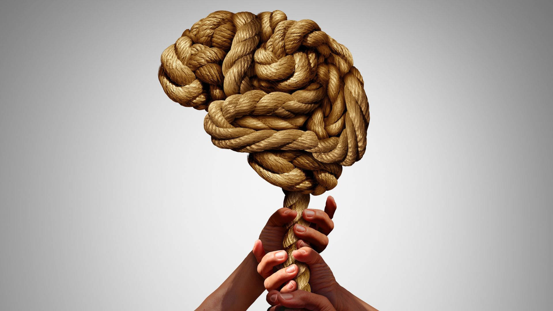 Psychology 桌布 壁紙 — 兩隻手抓住一條粗繩，繩子扭成一個人類大腦的形狀，背景是純灰色。