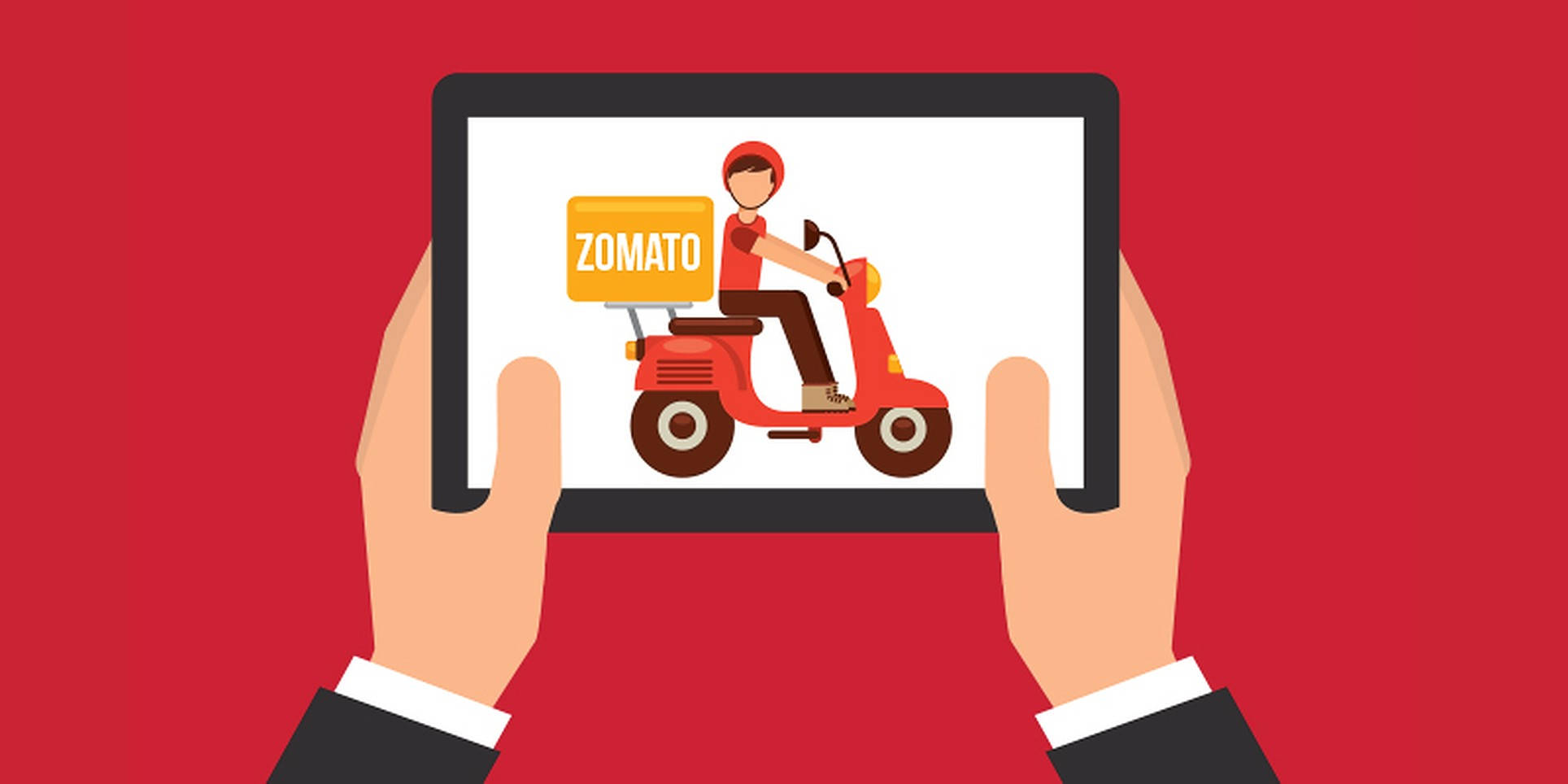 Delivery 桌布 壁紙 — 兩隻手拿著一台平板電腦，顯示一名Zomato送貨騎手在紅色摩托車上，背景為大膽的紅色。