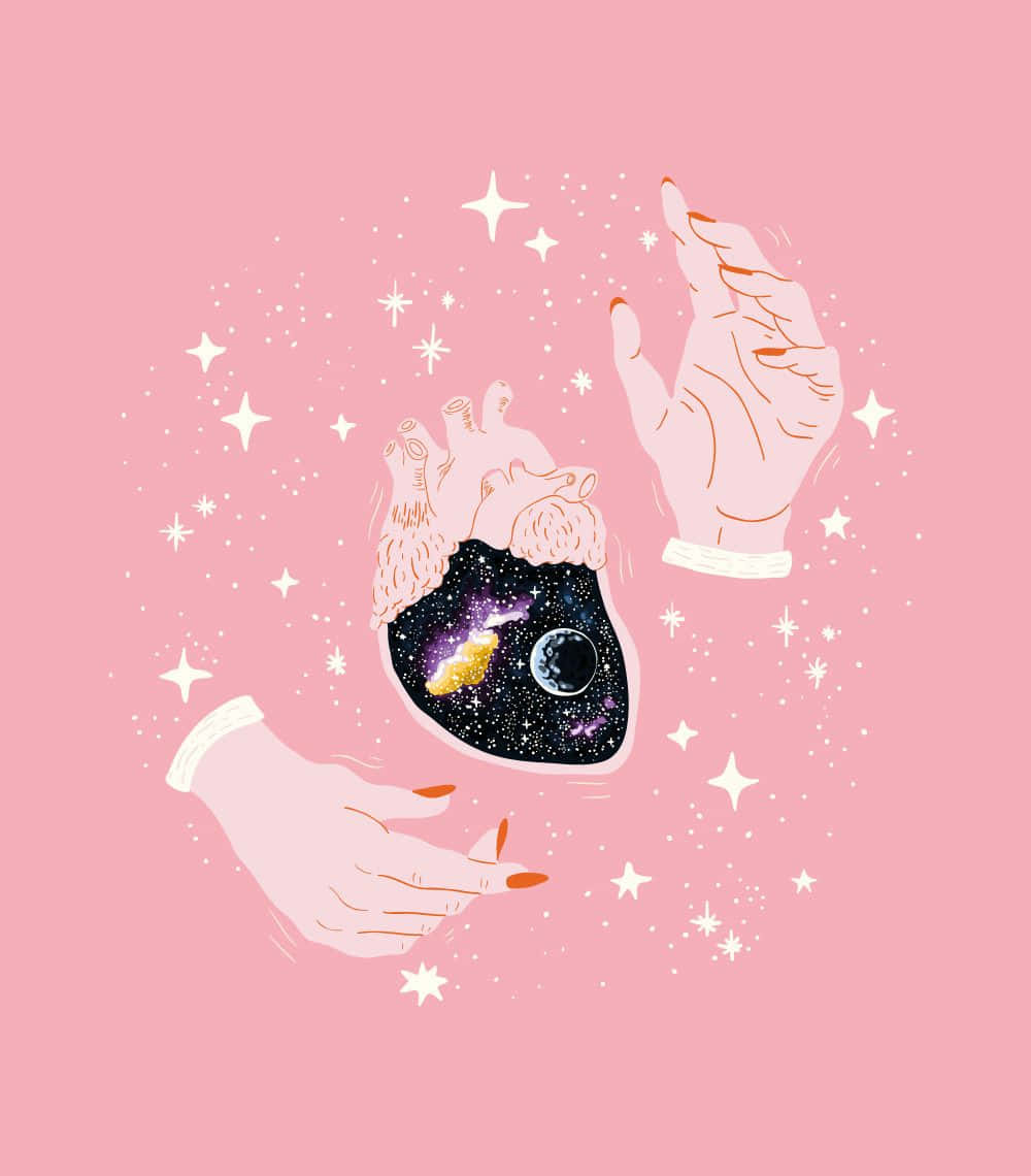 桌布 壁紙 — 兩隻手捧著一個心形宇宙，裡面充滿星星、星雲和月亮，背景是柔和的粉紅色。