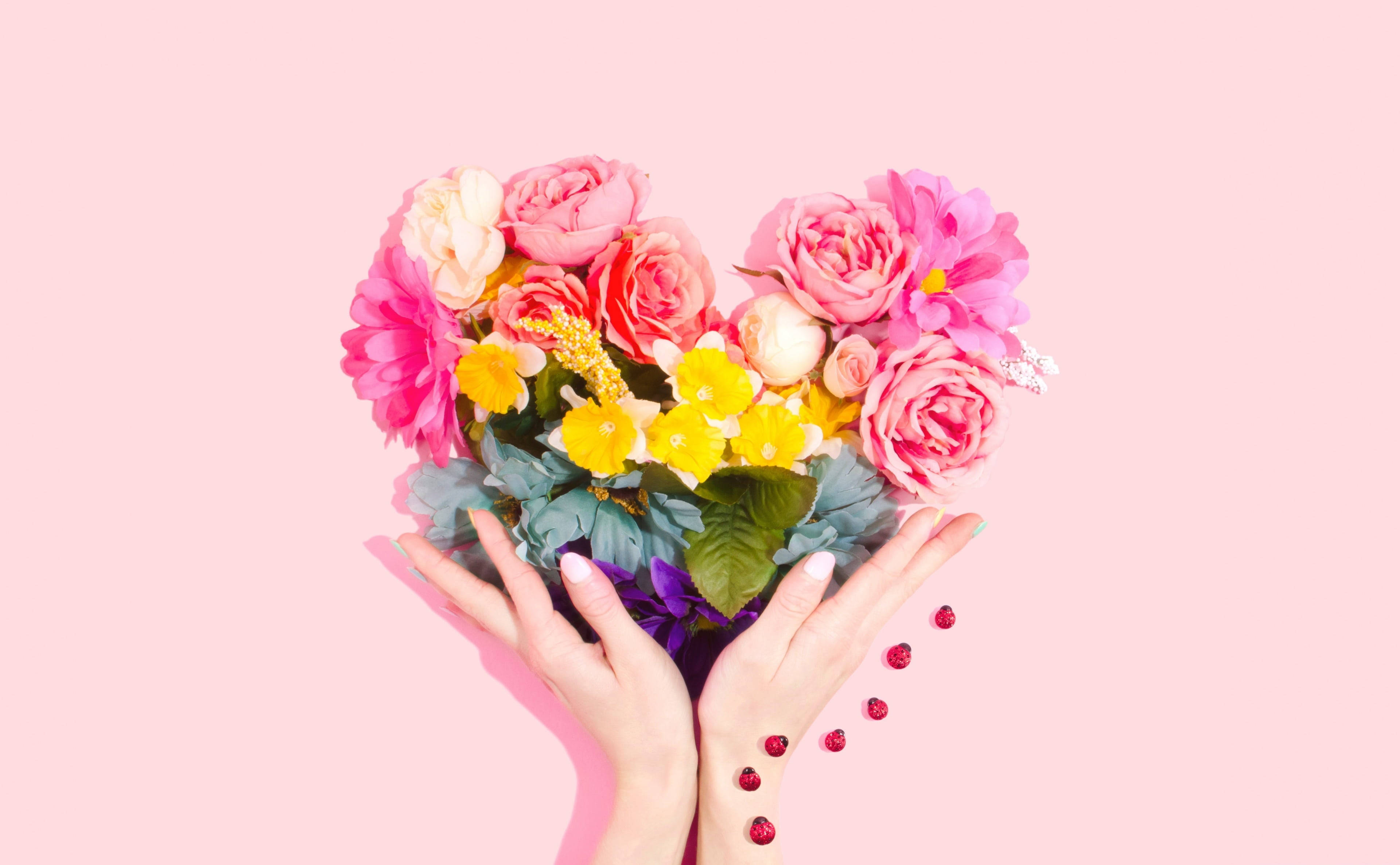 Aesthetic Heart 桌布 壁紙 — 兩隻手捧著一個由粉紅玫瑰、黃色雛菊和綠葉組成的鮮豔心形花束，背景是柔和的粉紅色。
