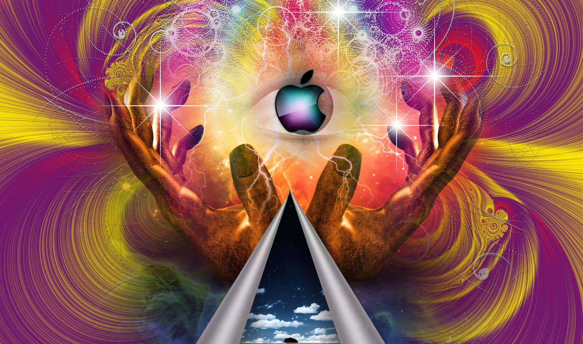 2440x1440 Apple 桌布 壁紙 — 兩隻手捧著一個發光的眼睛，瞳孔是蘋果形狀，周圍環繞著旋轉的宇宙色彩和碎形圖案。