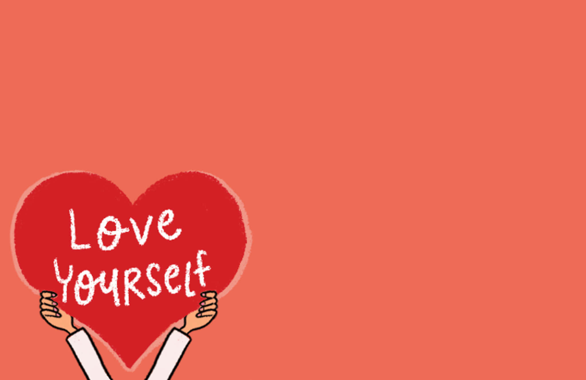 love yourself 桌布 壁紙 — 兩隻手捧著一個紅心，上面有白色文字寫著「Love Yourself」，背景為純珊瑚色。