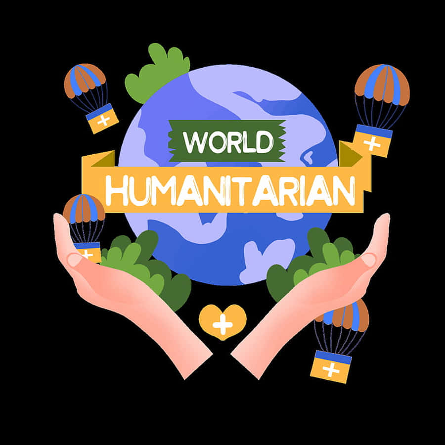 World 桌布 壁紙 — 兩隻手捧著一個藍色地球儀，上面有寫著「WORLD HUMANITARIAN」的橫幅，周圍環繞著降落傘和綠色植物。