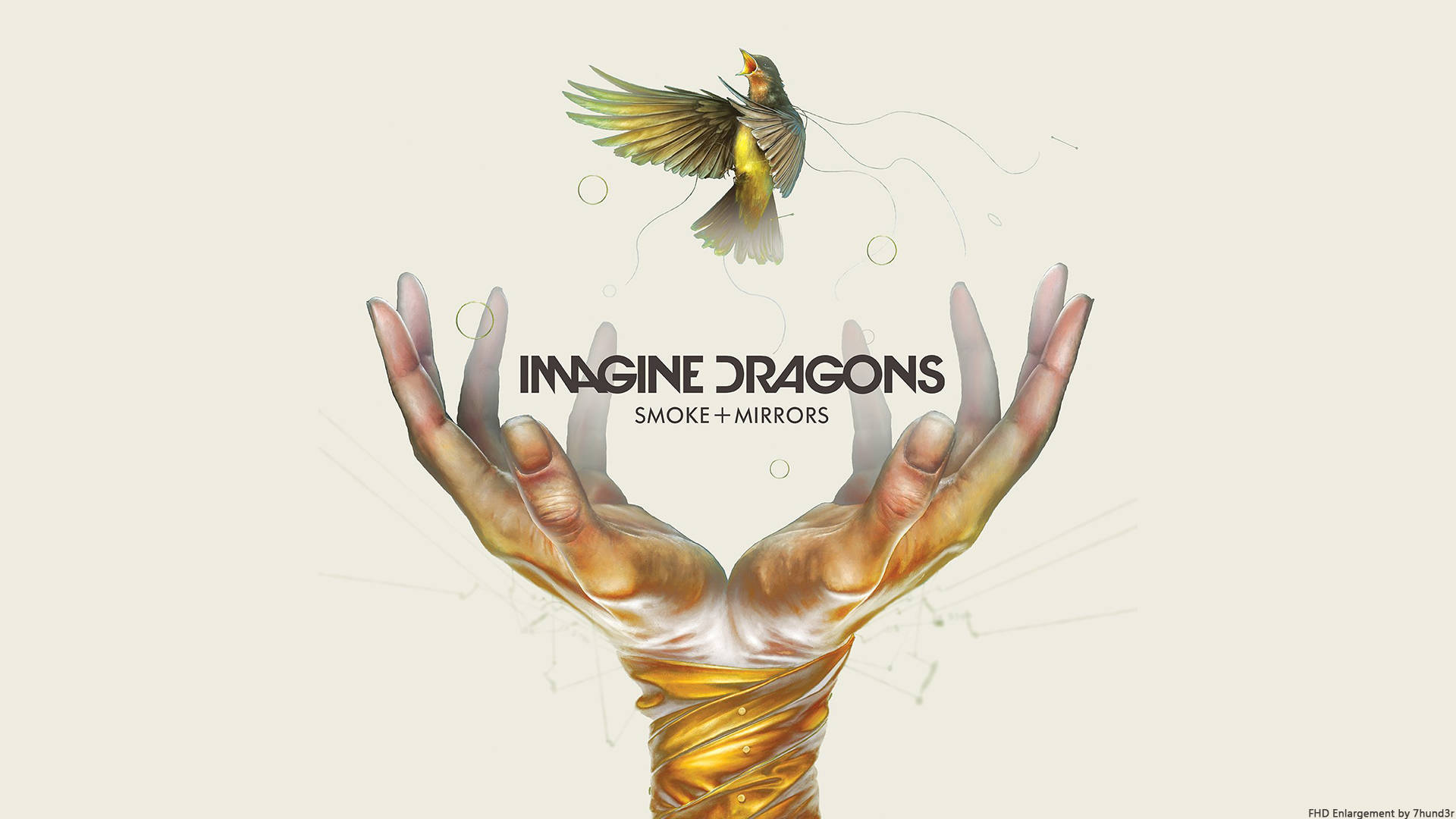 Dragons 桌布 壁紙 — 兩隻手捧著一隻金色鳥兒在飛行，背景是柔和的米色，帶有漂浮的氣泡和星座線條。