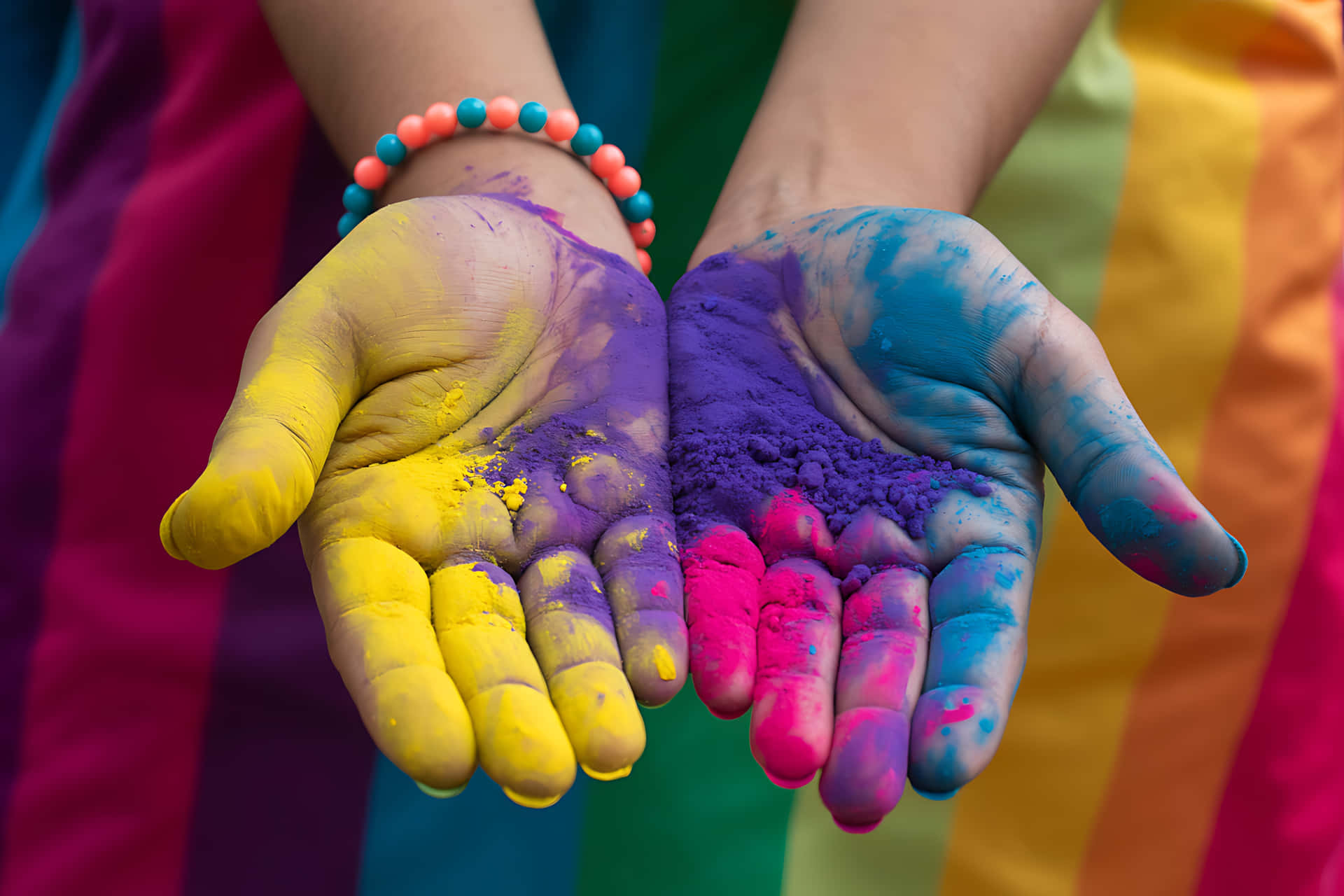 Vibrant hand art on rainbow background 壁紙 — 兩隻手捧著黃色、紫色、藍色和粉紅色的鮮豔粉末，背景是彩虹條紋。