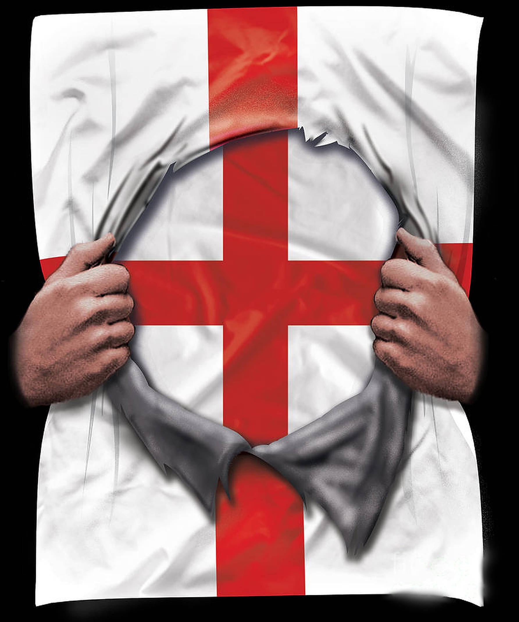 England Flag 桌布 壁紙 — 兩隻手撕開一面紅十字旗，露出布料下的黑暗虛空。