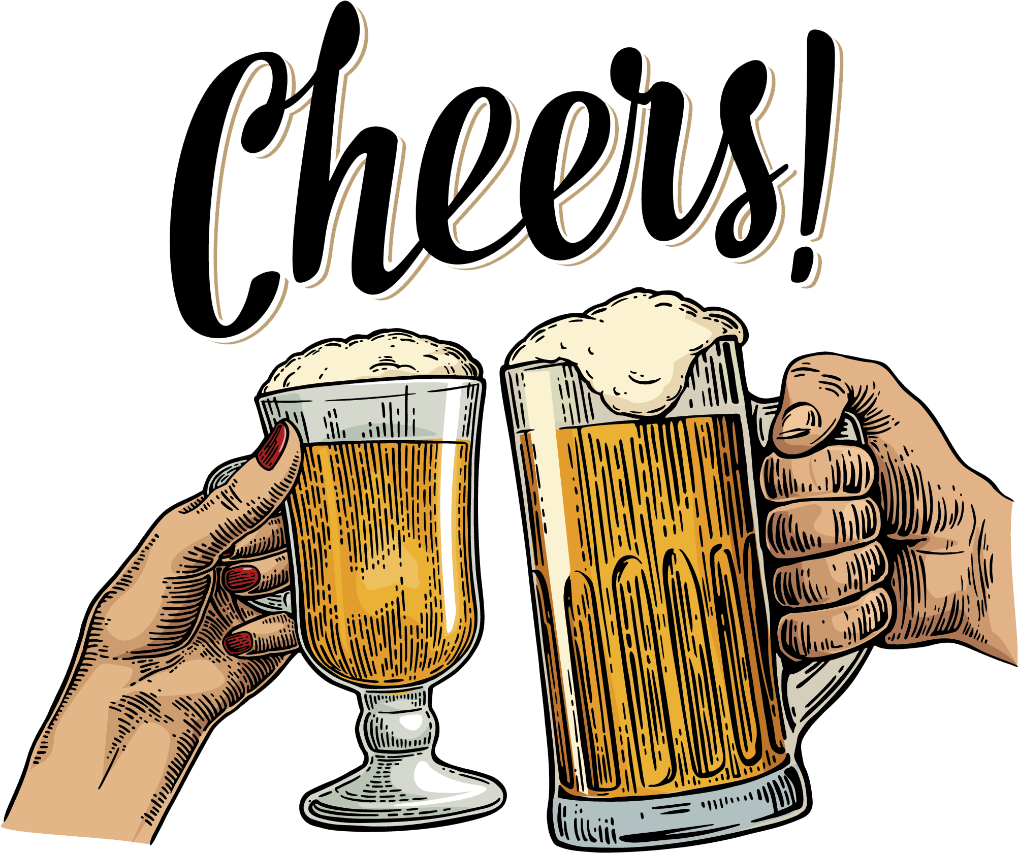 Beer Free 桌布 壁紙 — 兩隻手碰啤酒杯，杯上有泡沫，下方有粗體「乾杯！」文字，採用復古插圖風格。