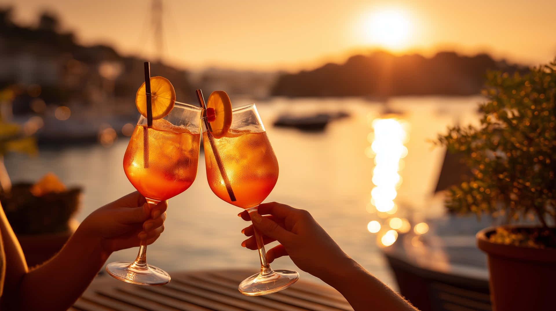 Harbor Sunset Cheers: Aperol Spritz Toast with Boats 壁紙 — 兩隻手碰杯，杯中裝有以柑橘片裝飾的橙色雞尾酒，背景是金色夕陽映照水面。