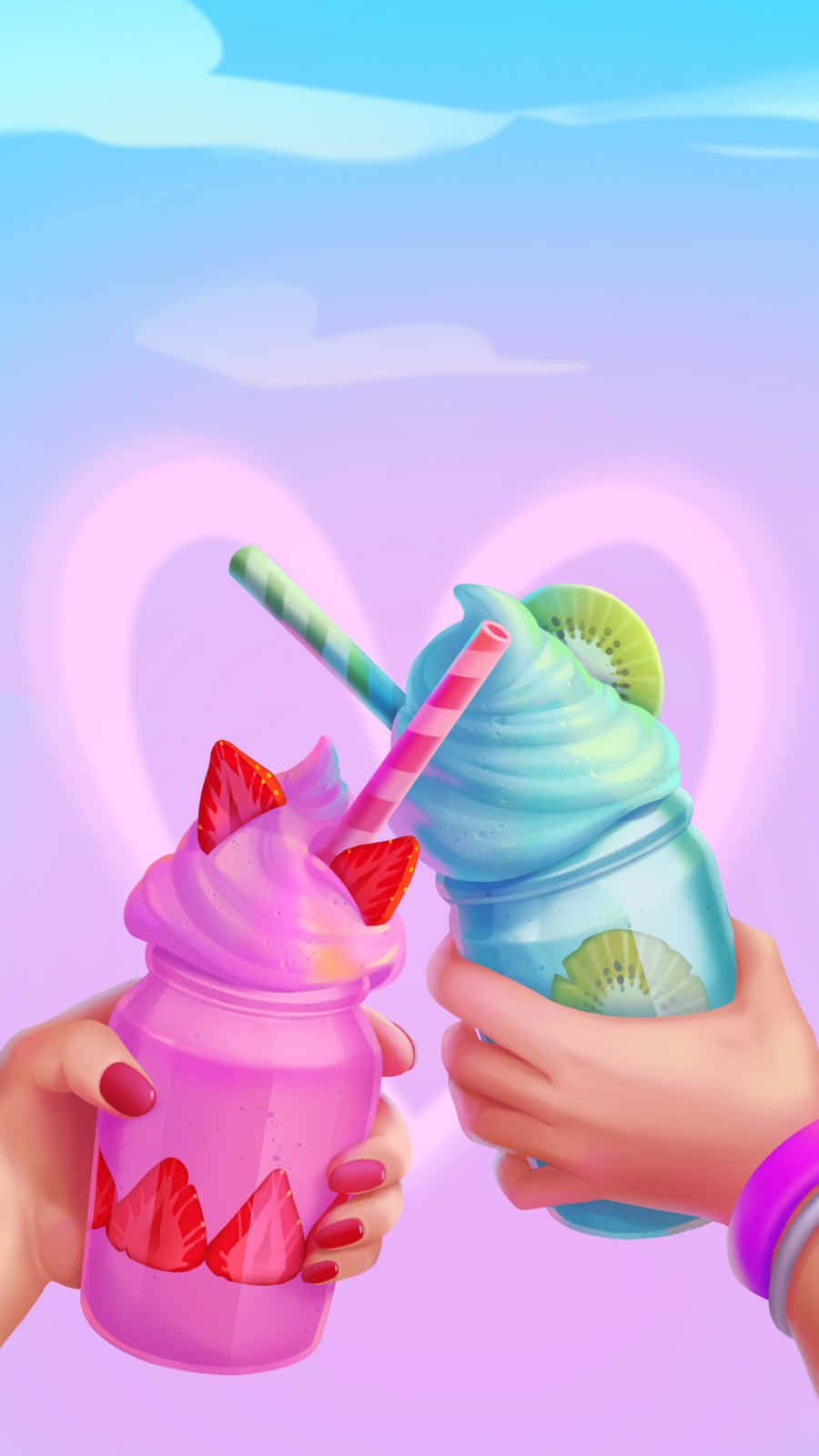 Ice Cream 桌布 壁紙 — 兩隻手碰杯，飲料是鮮豔的粉紅色和藍色冰凍飲品，上面有水果，背景是粉彩天空，有心形光芒。