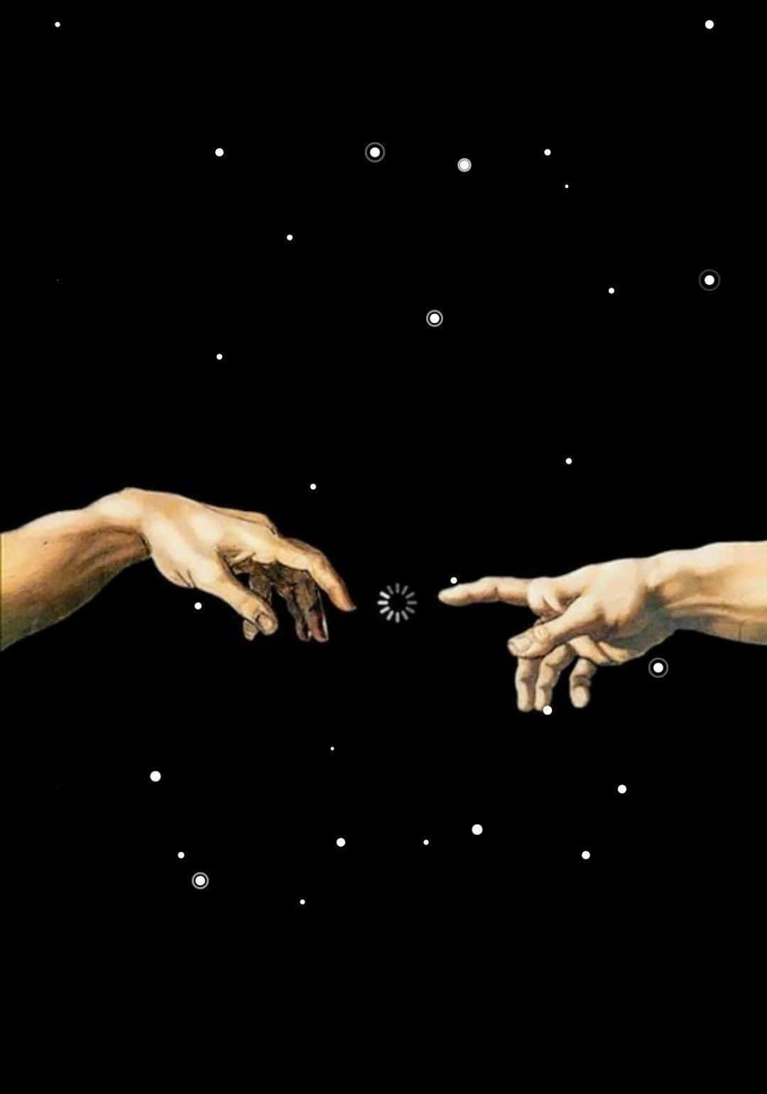 兩隻手在太空中互相伸向對方，之間有一個載入符號。 — 直式 GIF 壁紙