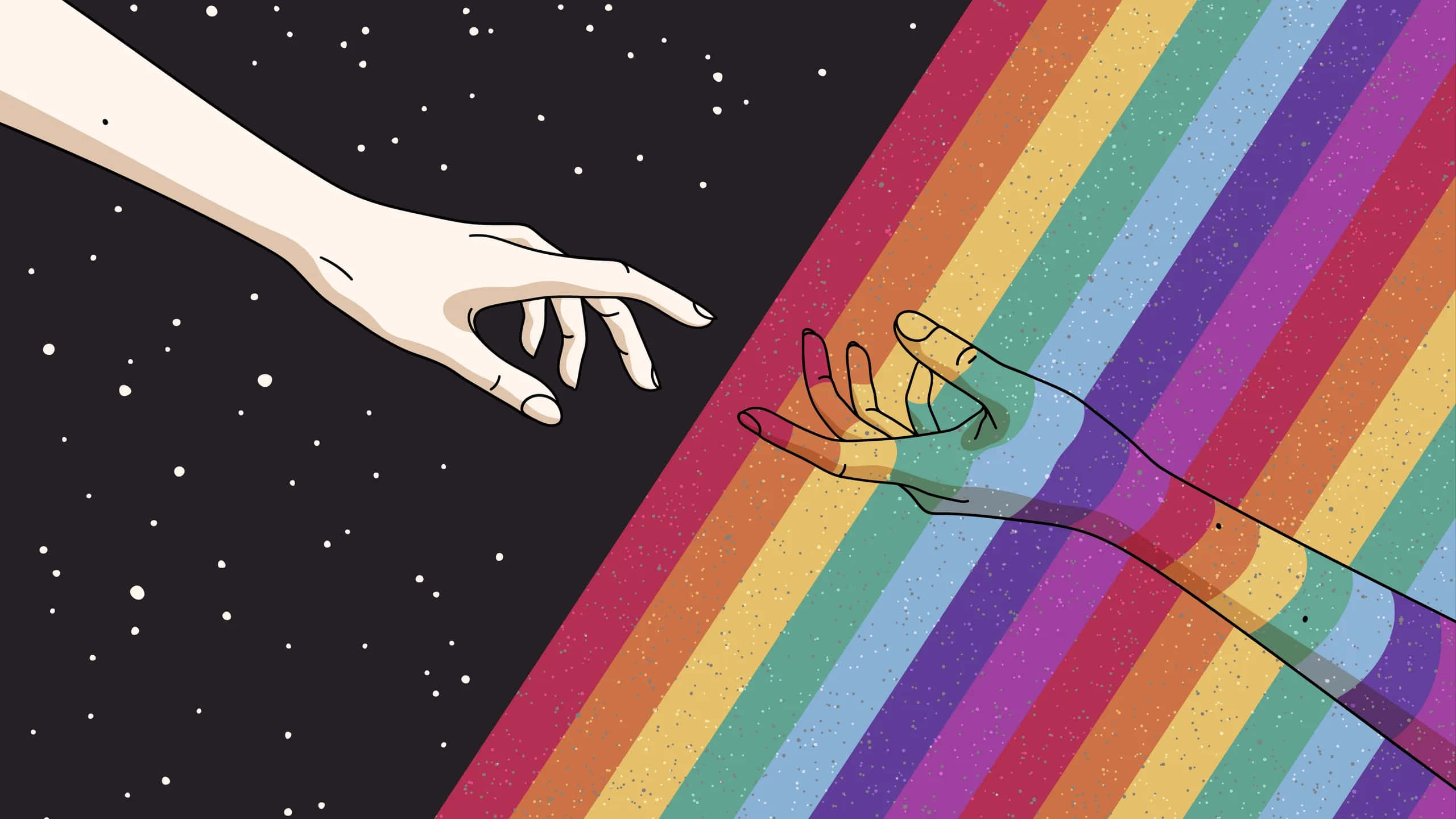 Bisexual 桌布 壁紙 — 兩隻手穿過宇宙鴻溝互相伸向對方，一隻在星空之夜，另一隻在充滿活力的彩虹條紋中。