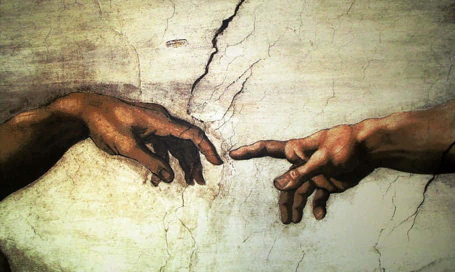 Creation Of Adam 4K 桌布 壁紙 — 兩隻手穿過裂縫的壁畫牆，在文藝復興傑作的神聖創造時刻中伸出。