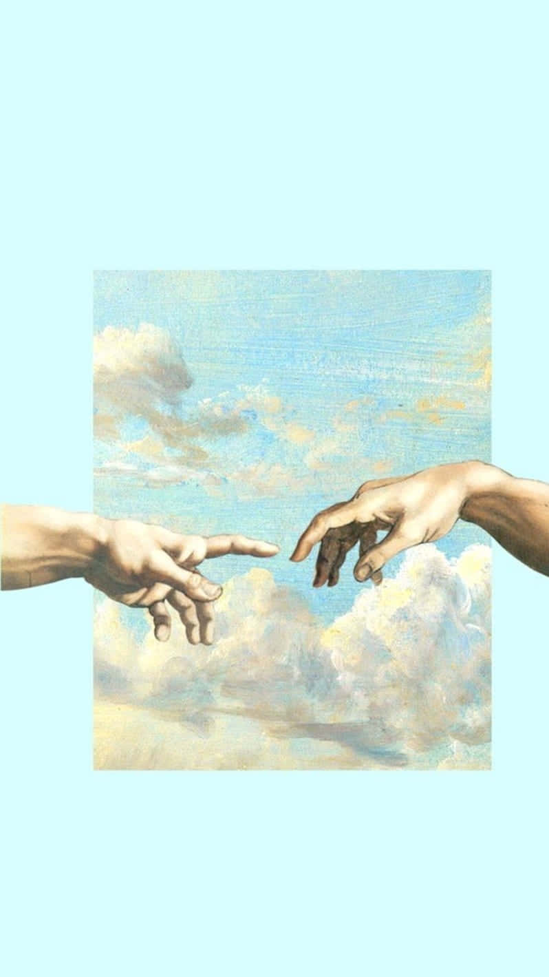 桌布 壁紙 — 兩隻手穿過雲層互相伸向對方，背景是柔和藍天，採用古典繪畫風格。