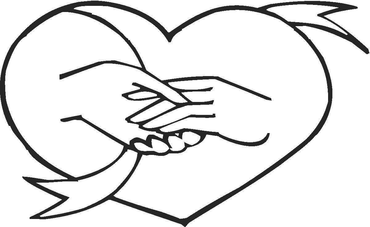 White Heart 桌布 壁紙 — 兩隻手緊握在一個帶有緞帶尾巴的心形輪廓內，以簡單的黑色線條繪製。