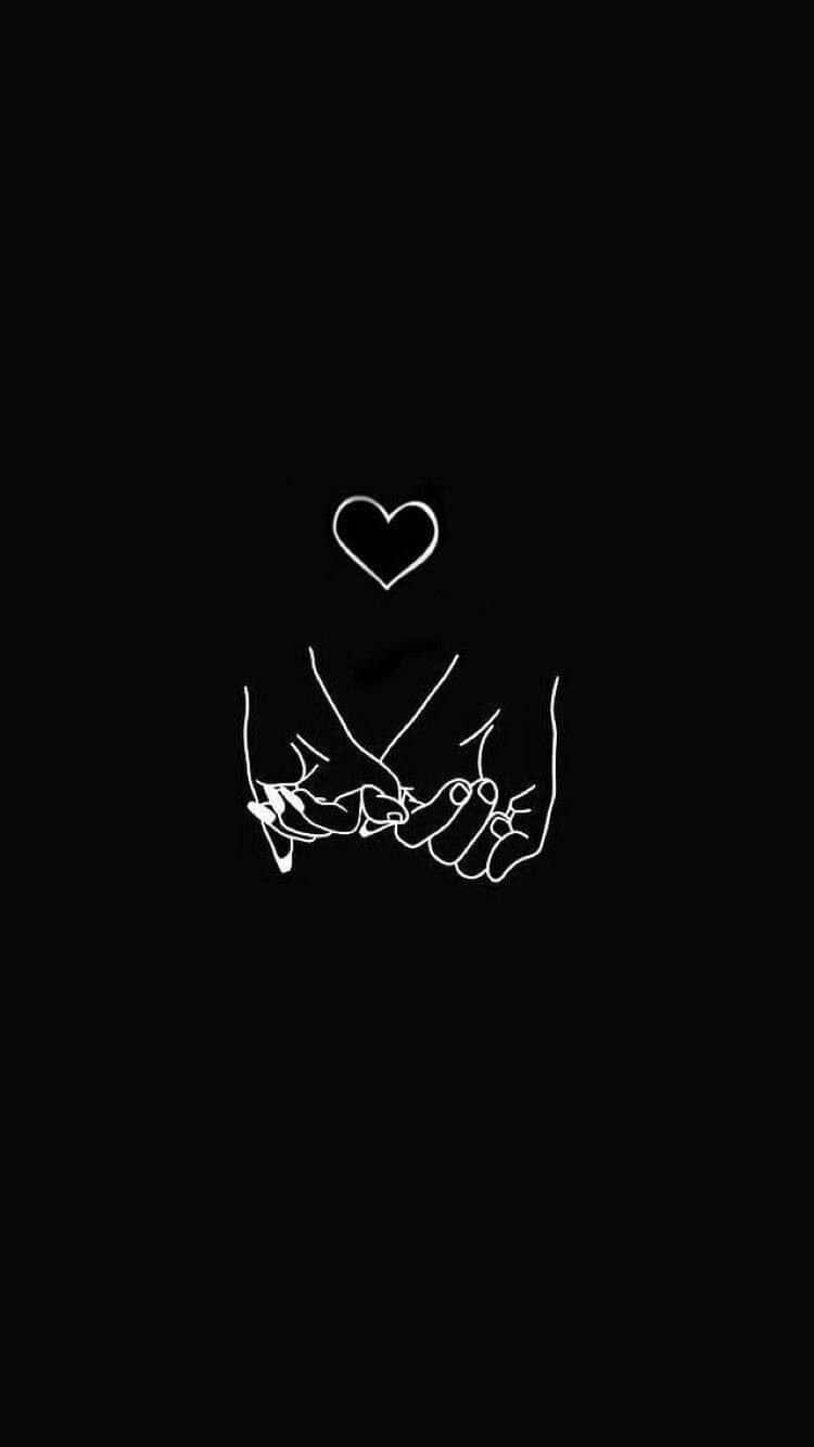 Lovers 桌布 壁紙 — 兩隻手緊握在一起，上方有一顆心，以白色線條畫在純黑色背景上。
