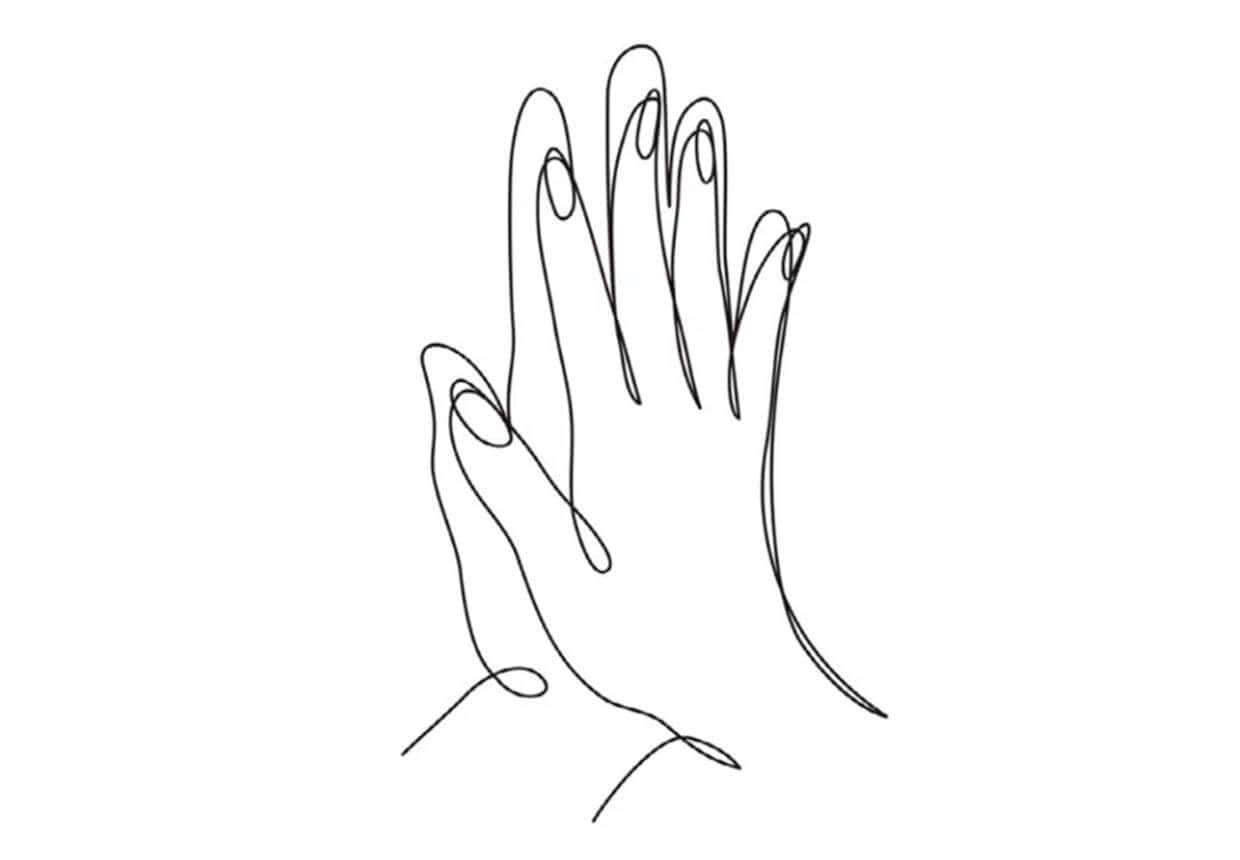 Line Art 桌布 壁紙 — 兩隻手緊握在一起，以一條連續的黑色線條繪於白色背景上。