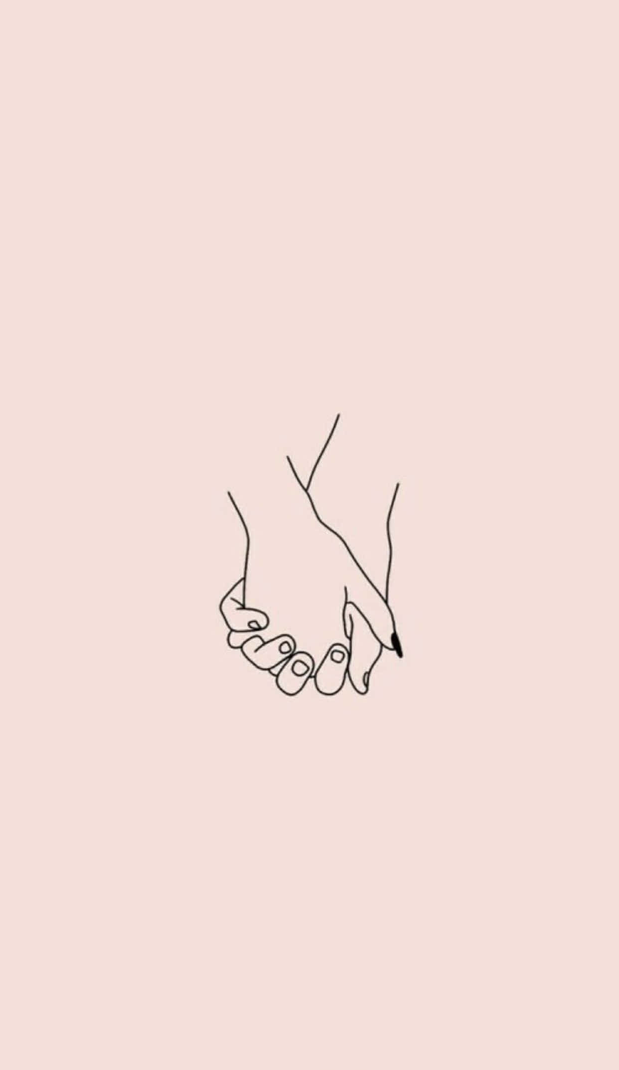 hand 桌布 壁紙 — 兩隻手緊握在一起，以極簡線條繪製，背景為柔和粉紅色。