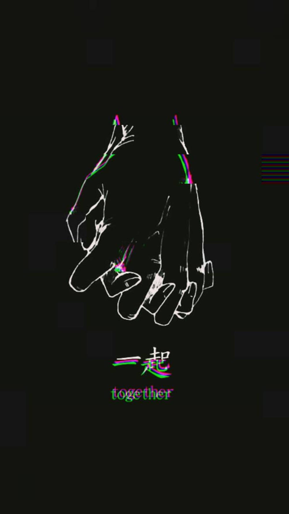 兩隻手以發光霓虹輪廓勾勒緊握，下方有「together」字樣。 — 美學語錄動圖 壁紙