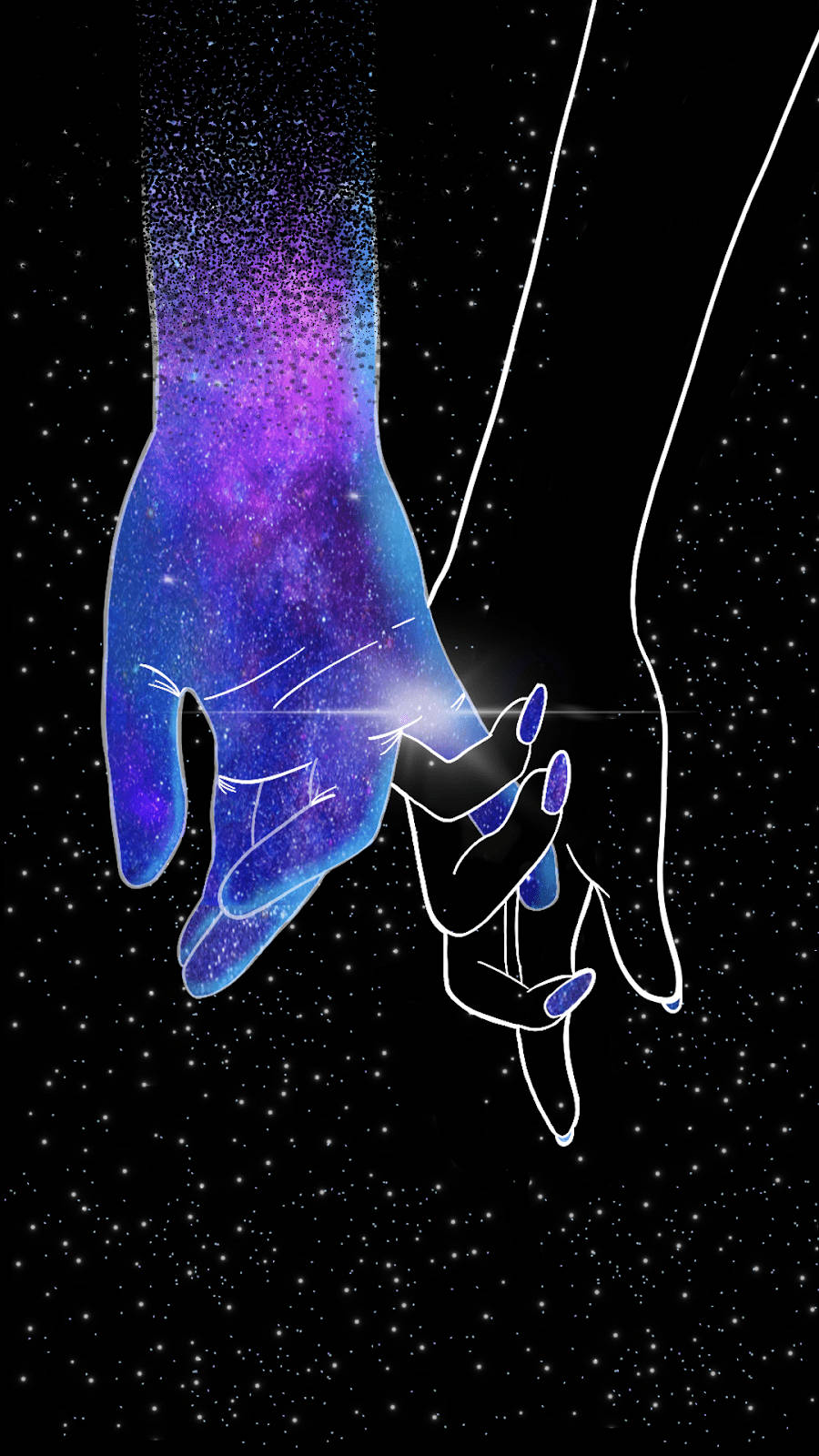 時尚 桌布 壁紙 — 兩隻手緊握在一起，其中一隻手在星空中閃耀著宇宙星雲的光芒。