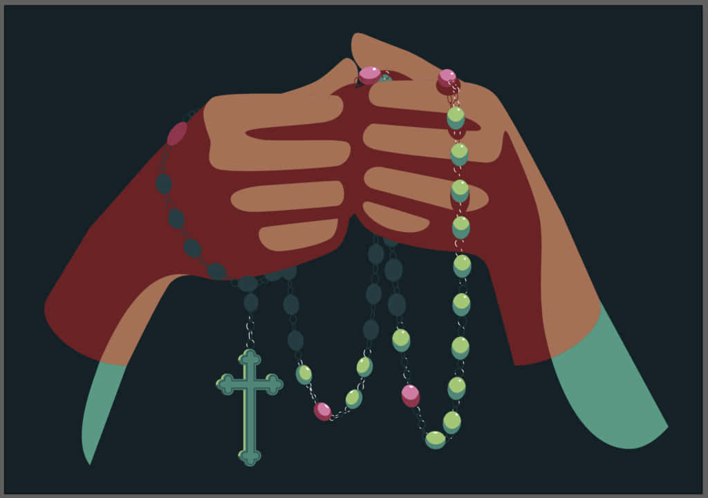 Praying 桌布 壁紙 — 兩隻手緊握在一起，拿著一條色彩繽紛的玫瑰經念珠，帶有十字架吊墜，背景為深色。