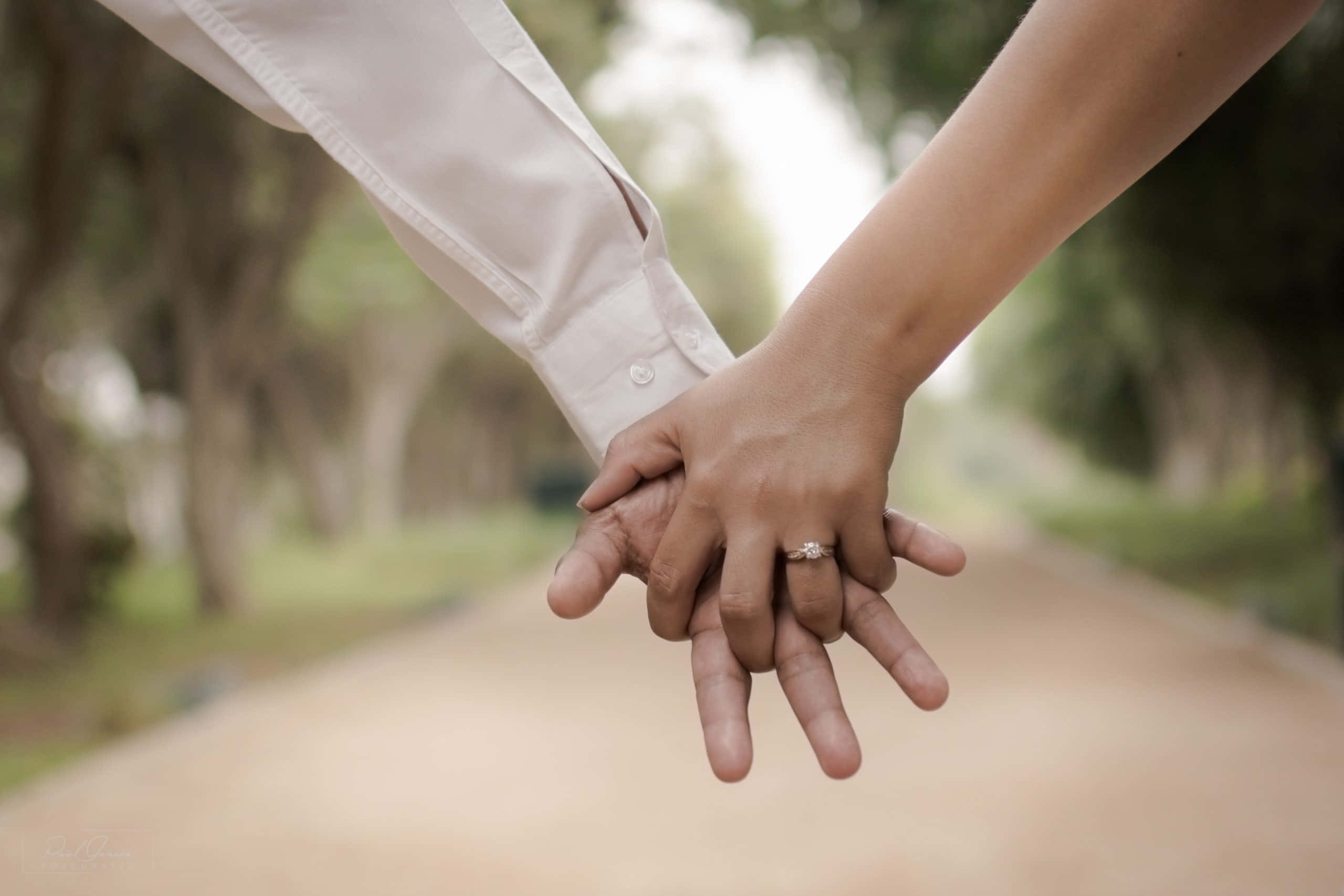 Wedding 桌布 壁紙 — 兩隻手緊握在一起，無名指上戴著閃閃發光的訂婚戒指，背景是柔和模糊的公園小徑。